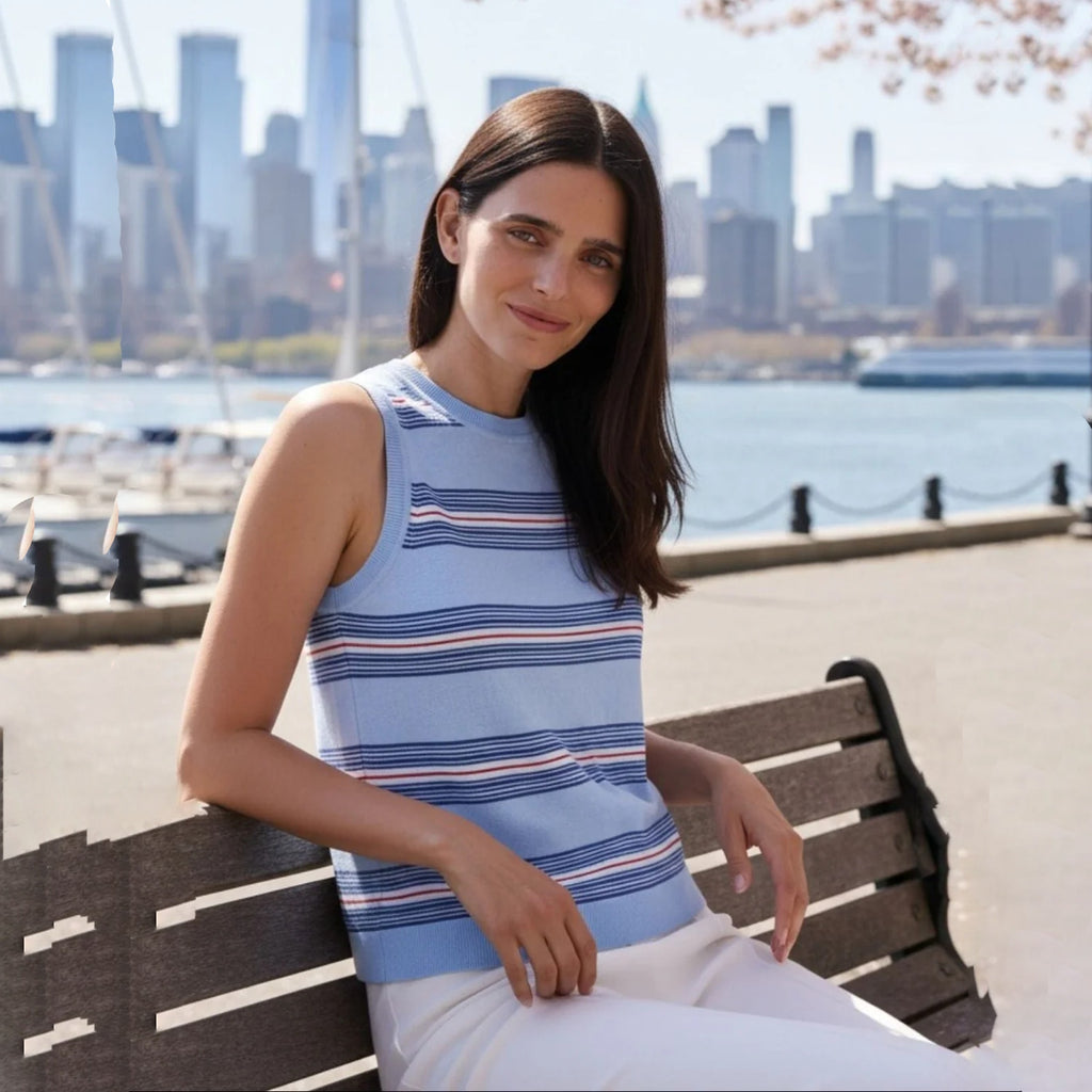 MINNIE ROSE Cotton Cashmere Striped Crew Neck Tank in Sky Blue Combo S Minnie Rose