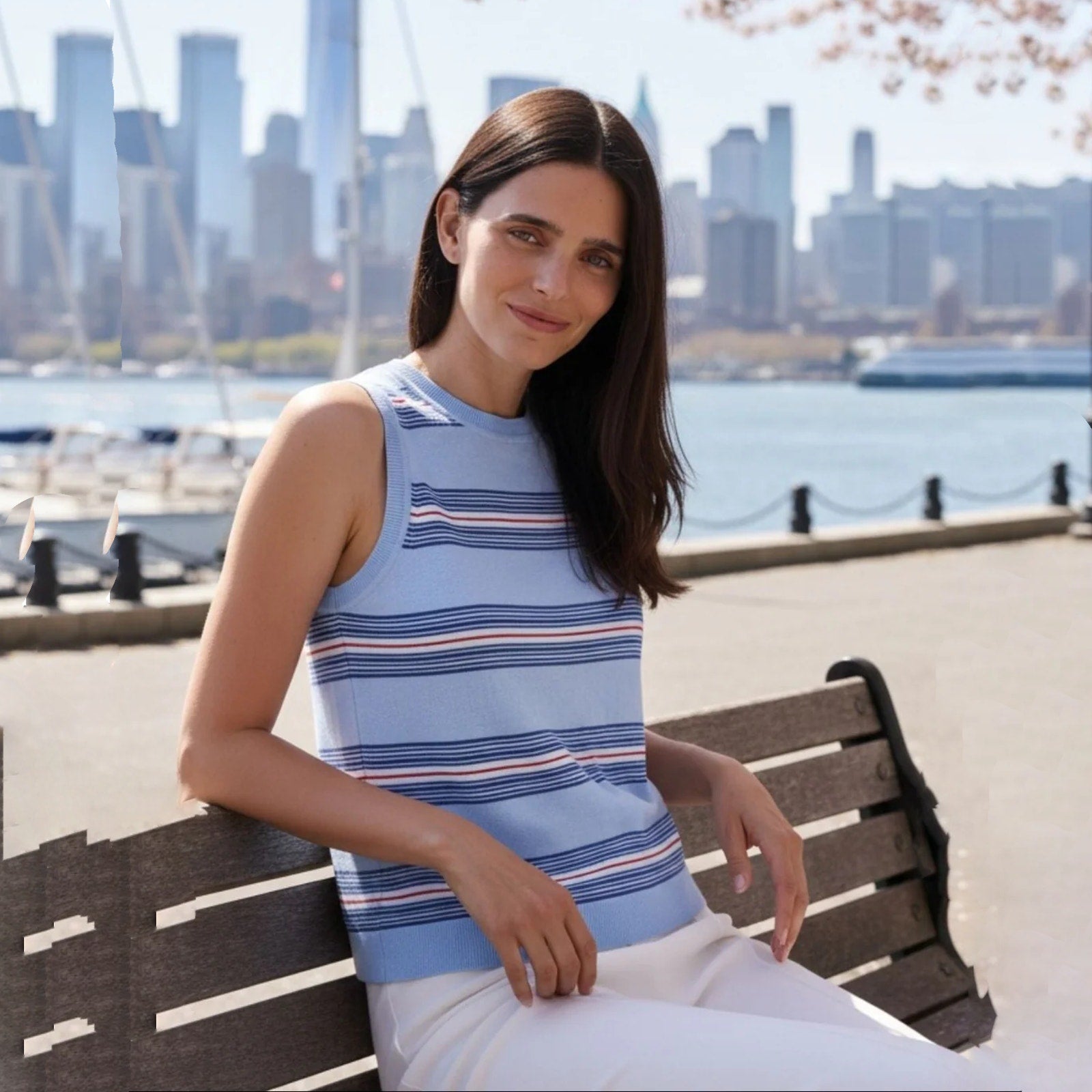 MINNIE ROSE Cotton Cashmere Striped Crew Neck Tank in Sky Blue Combo S Minnie Rose