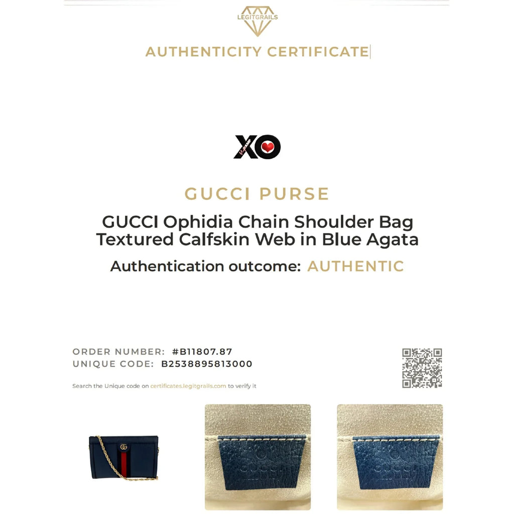GUCCI Ophidia Chain Shoulder Bag Textured Calfskin Web in Blue Agata - flyKAMP