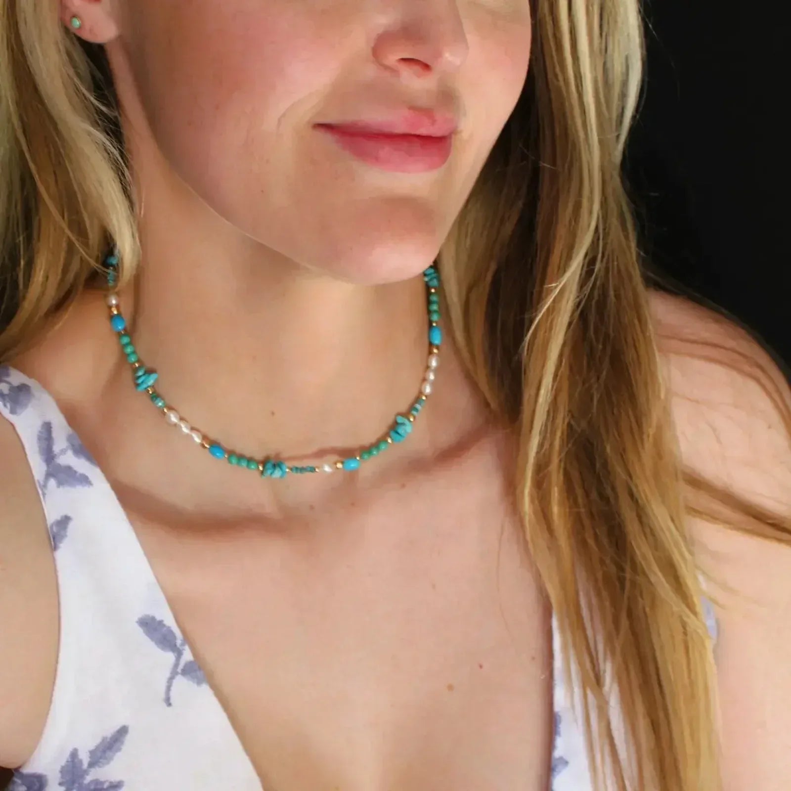 THE SILVER WREN Beaded Turquoise and Pearl Necklace - flyKAMP