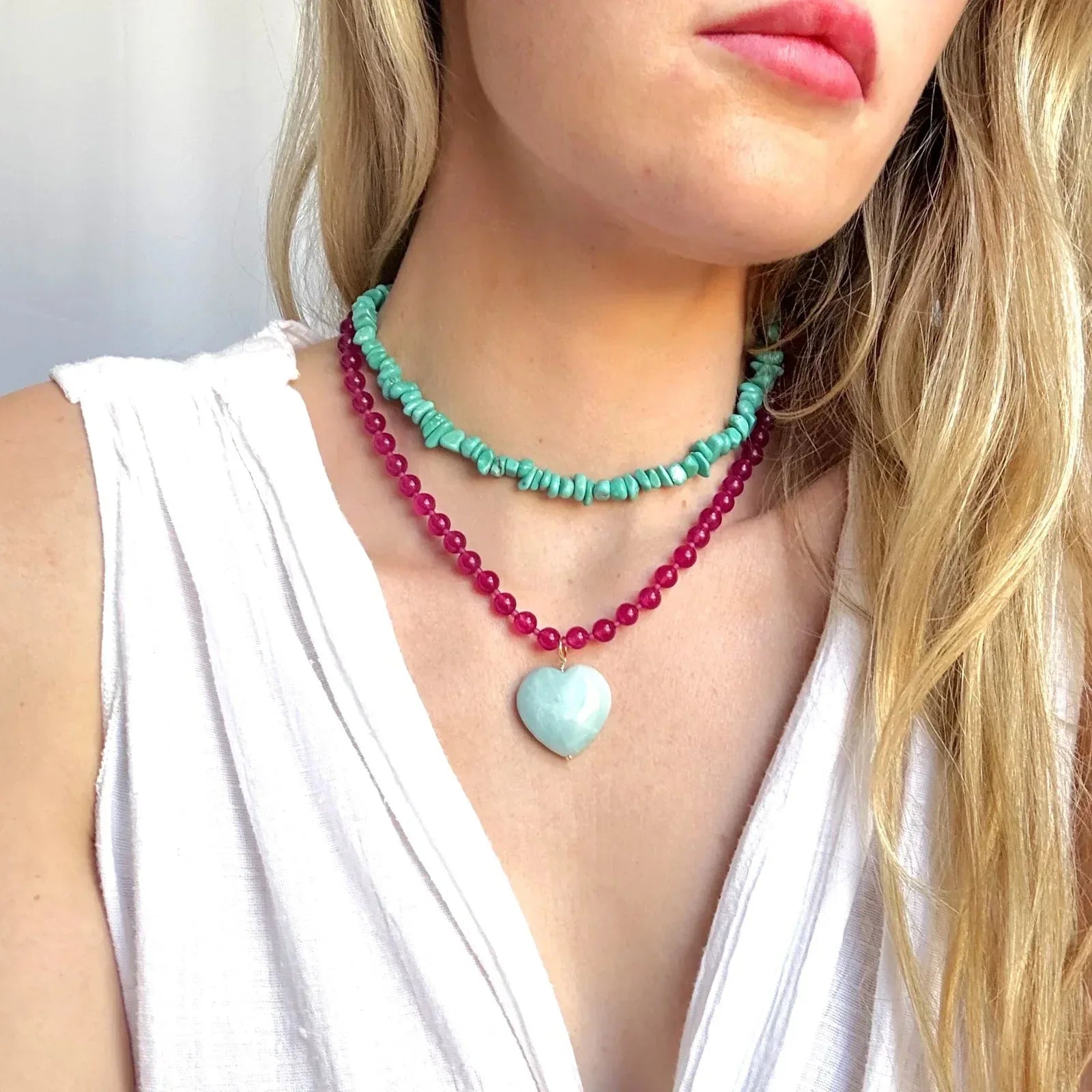THE SILVER WREN Rylen Beaded Necklace in Pink and Amazonite - flyKAMP
