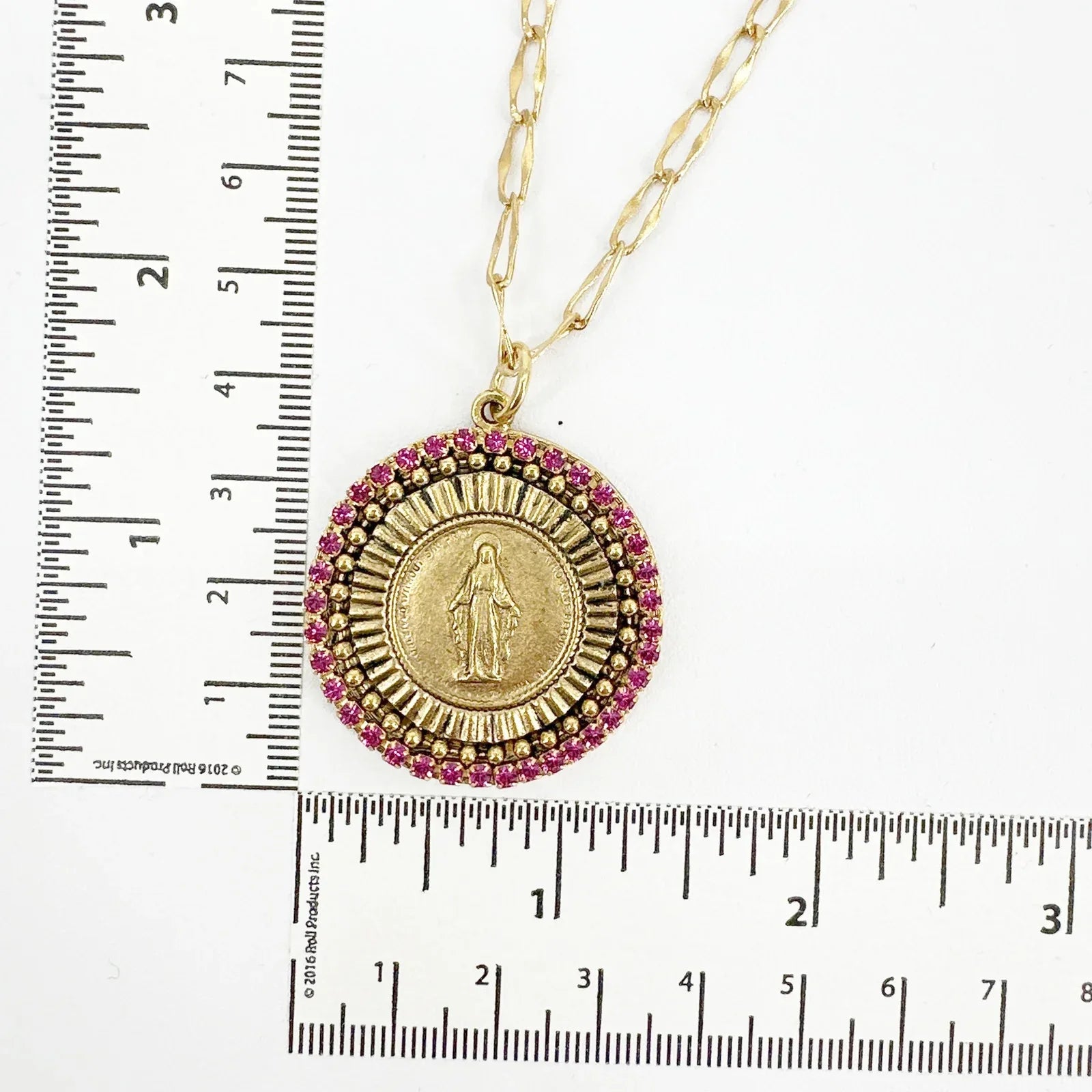 VIRGINS SAINTS & ANGELS Disco Virgin Charm Necklace Gold & Fuchsia - flyKAMP