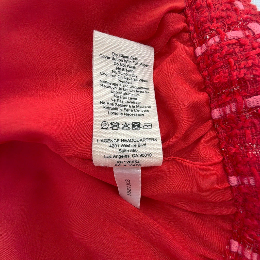 L'AGENCE Cove Cropped Tweed Jacket in Red & Hot Pink Plaid 10|L L'Agence