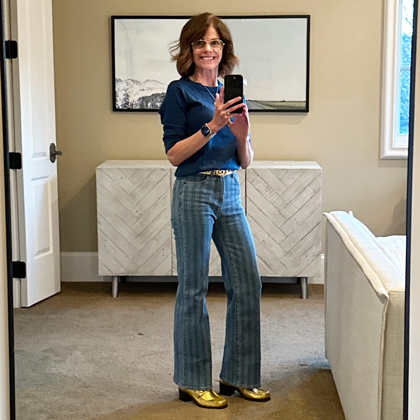 VERONICA BEARD Crosbie Striped Loafer Length Wide Leg Jean 24