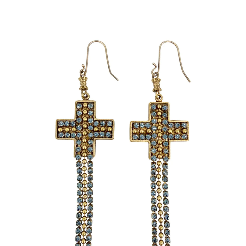 VIRGINS SAINTS & ANGELS VSA Resurrection Cross Chain Earrings in Gold & Blue - flyKAMP