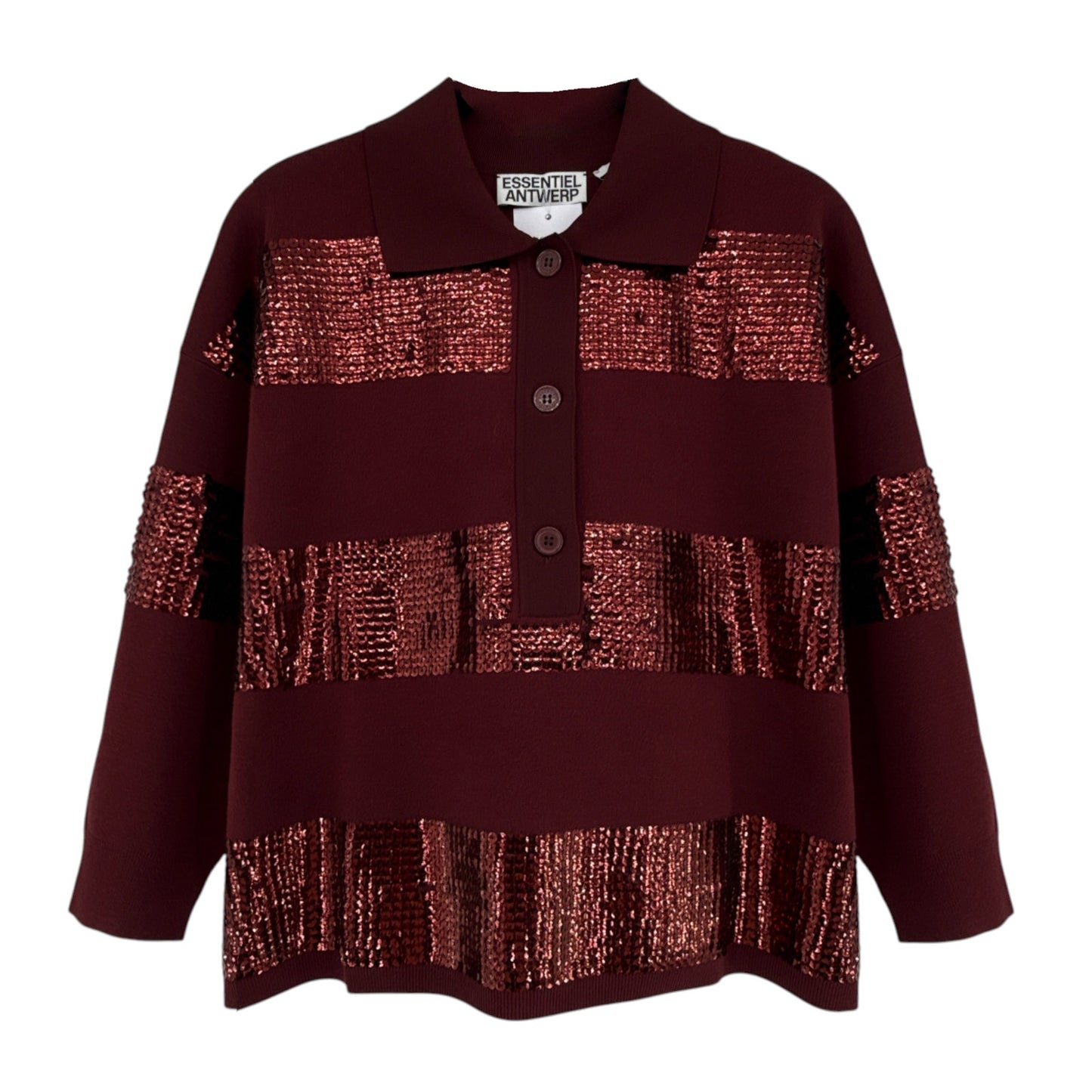 ESSENTIEL ANTWERP Illuminati Sequin Striped Polo Shirt in Wine S