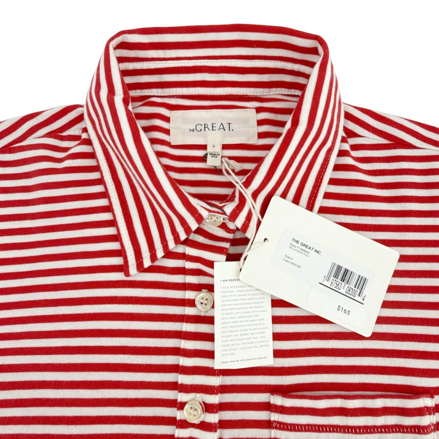 THE GREAT. The Lacrosse Polo. In Sun Cherry Stripe 0|XS