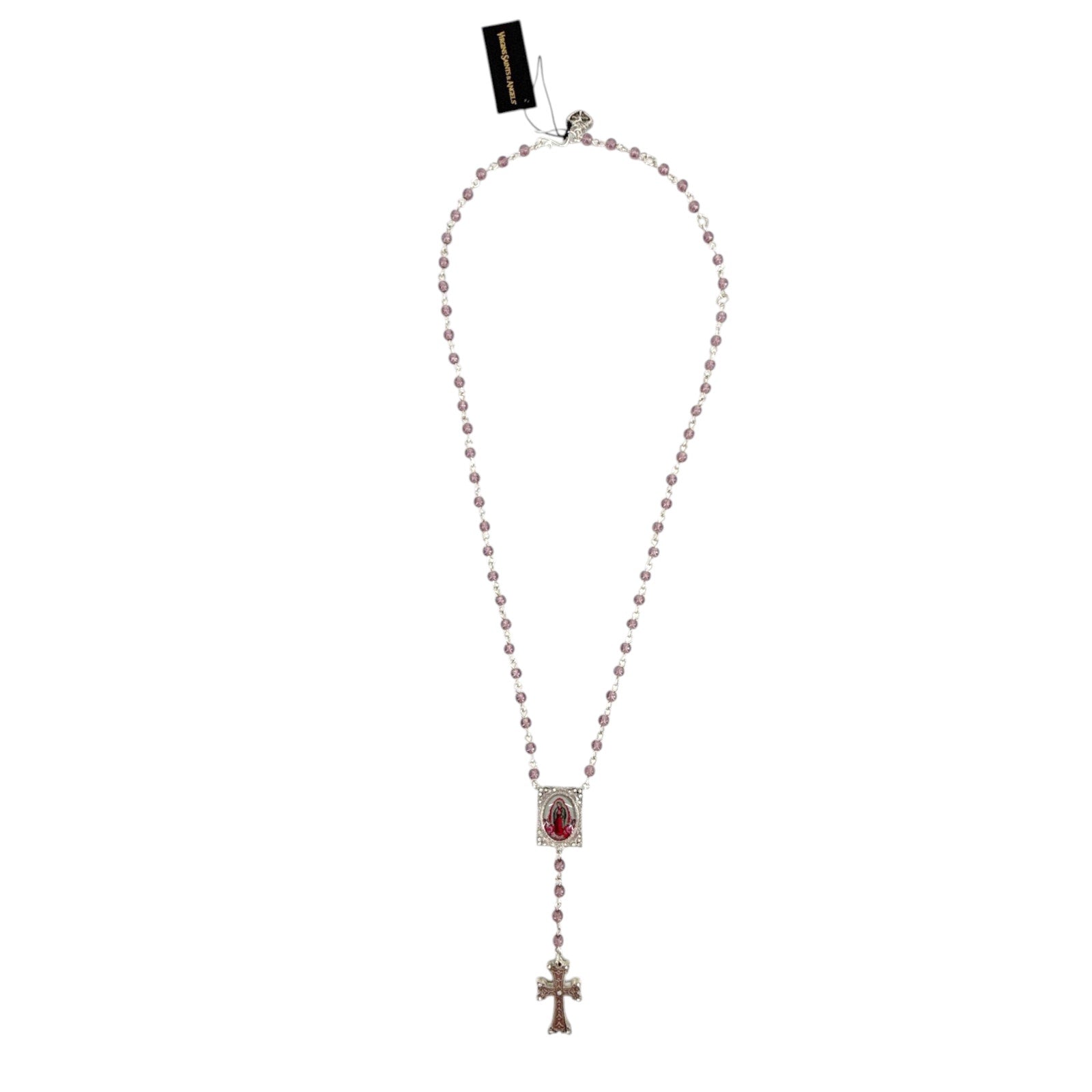 VIRGINS SAINTS & ANGELS VSA Retablo Guadalupe Rosary Necklace in Silver & Pink Virgins Saints & Angels