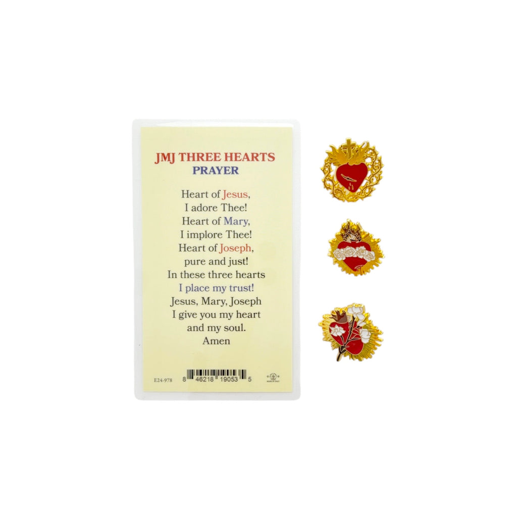 THE THREE HEARTS of the Holy Family Brooch Pins & Prayer Card Gift Set Fratelli Bonella