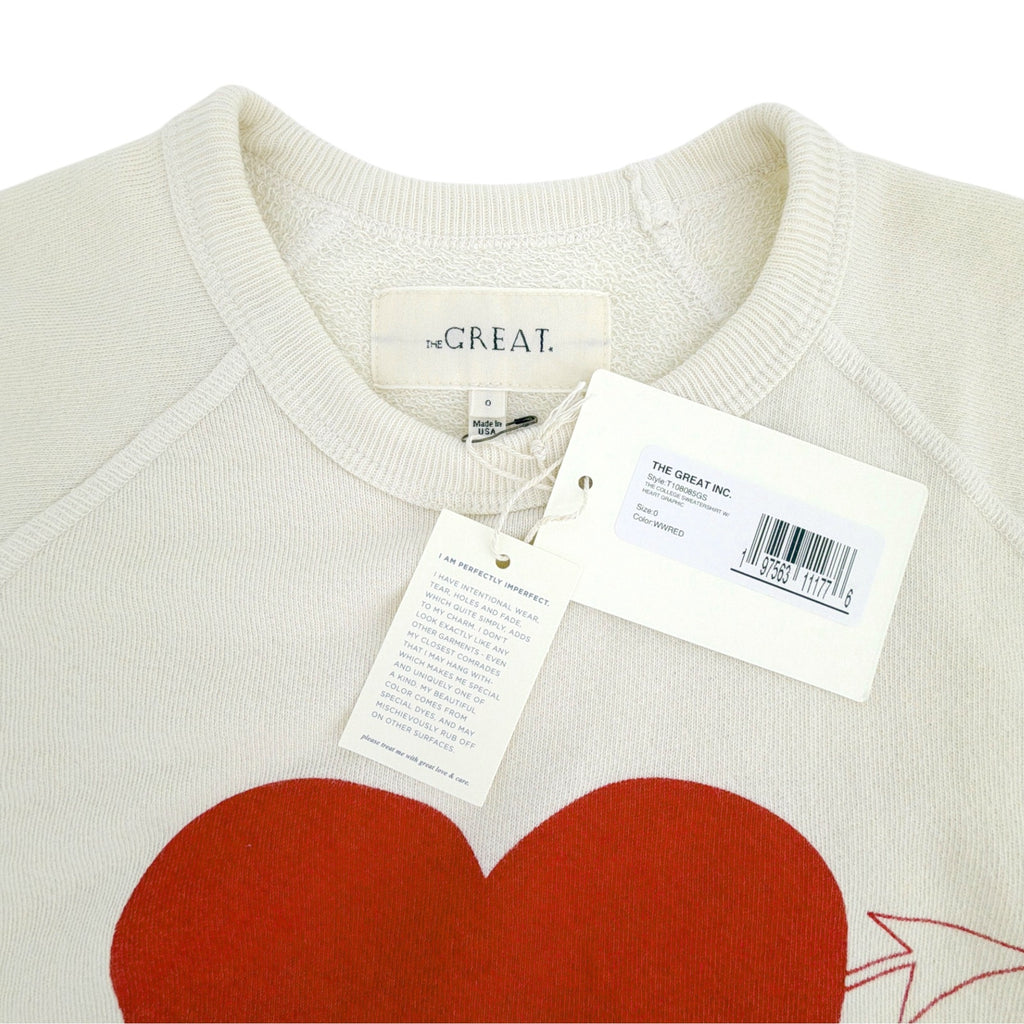THE GREAT. The College Sweatshirt in Washed White with Red Heart Graphic 0|XS The Great.