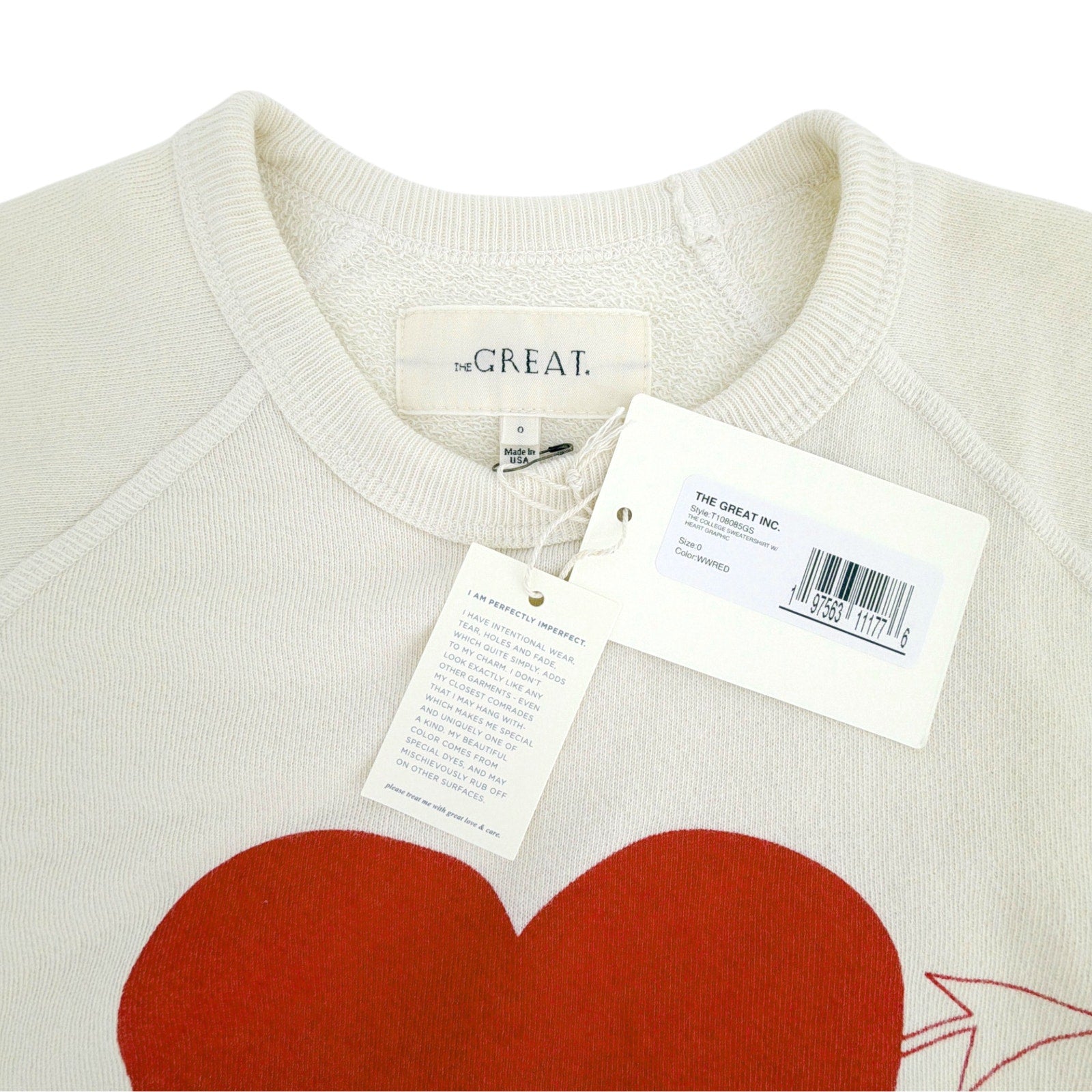 THE GREAT. The College Sweatshirt in Washed White with Red Heart Graphic 0|XS The Great.
