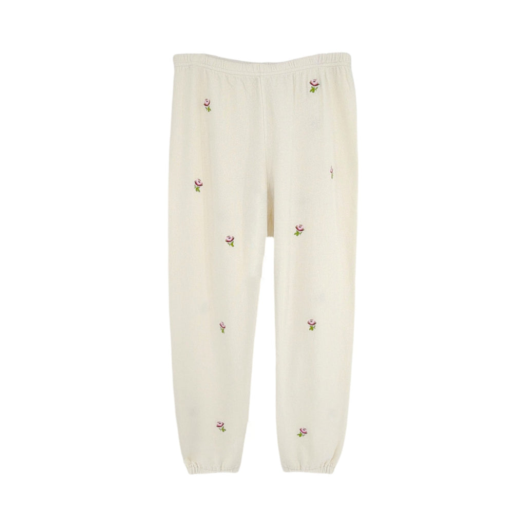 THE GREAT. The Stadium Sweatpant. Washed White with Embroidered Roses 1|S The Great.