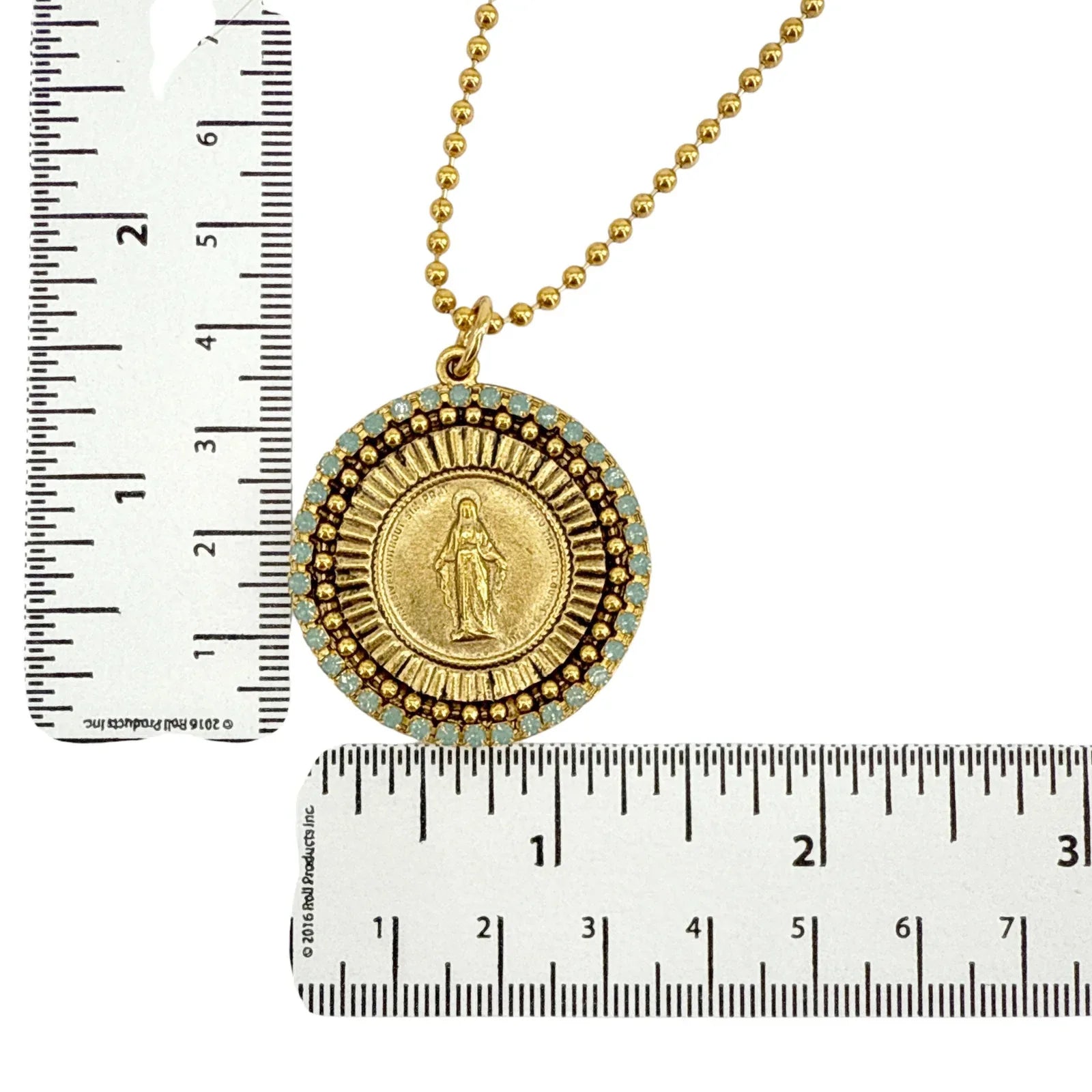 VIRGINS SAINTS & ANGELS VSA Disco Virgin Charm Necklace in Gold & Pacific Opal - flyKAMP