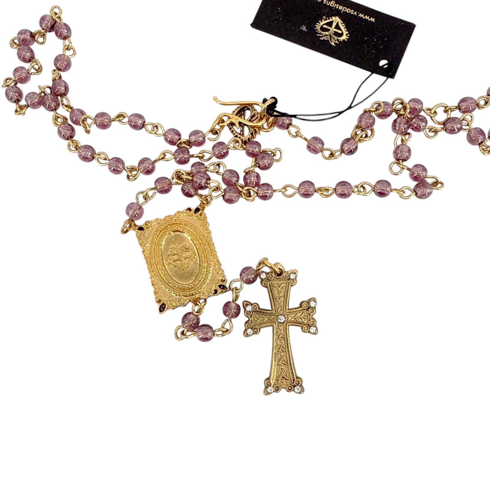 VIRGINS SAINTS & ANGELS VSA Retablo Guadalupe Rosary Necklace in Gold & Pink Virgins Saints & Angels