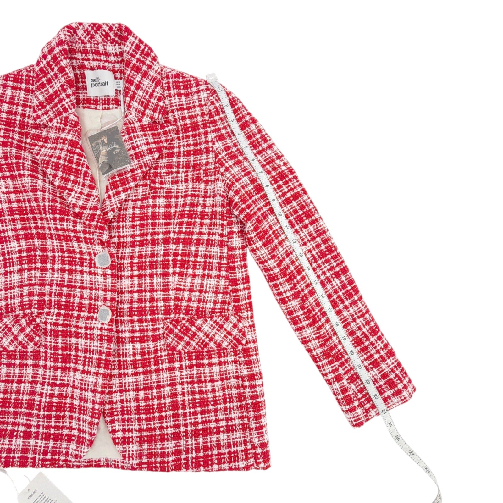 SELF-PORTRAIT Bouclé Checked Blazer in Red Self-Portrait