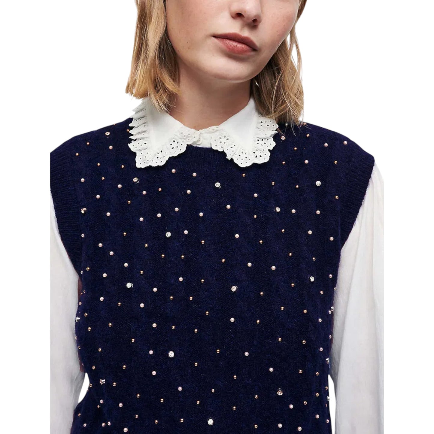 MAJE Maela Embellished Sweater Vest in Marine 3|L