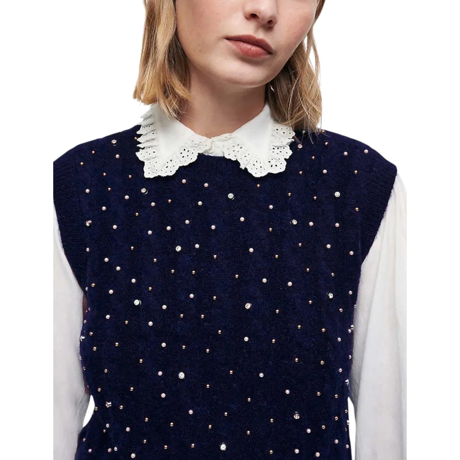 MAJE Maela Embellished Sweater Vest in Marine 3|L - flyKAMP