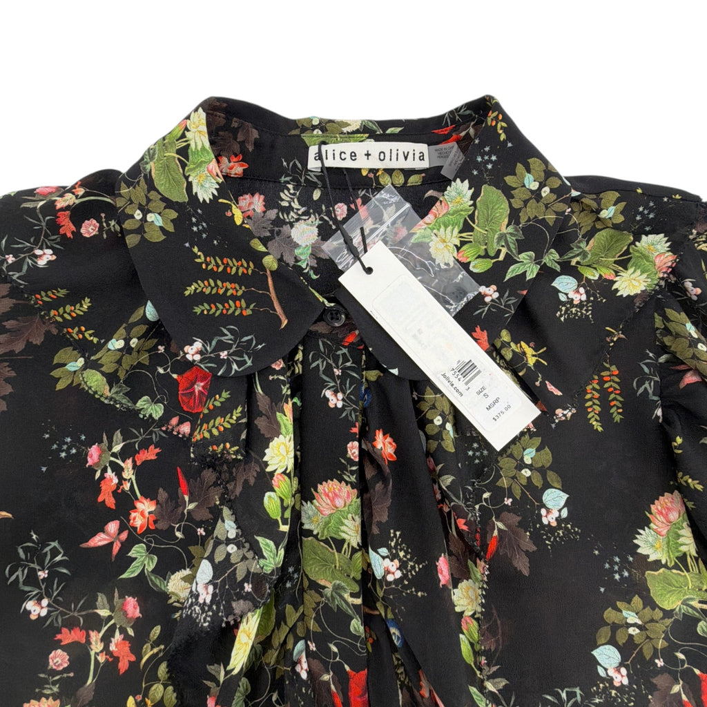 ALICE+OLIVIA Floral Ruffle Blouse in Blush Kiss Black S Alice + Olivia