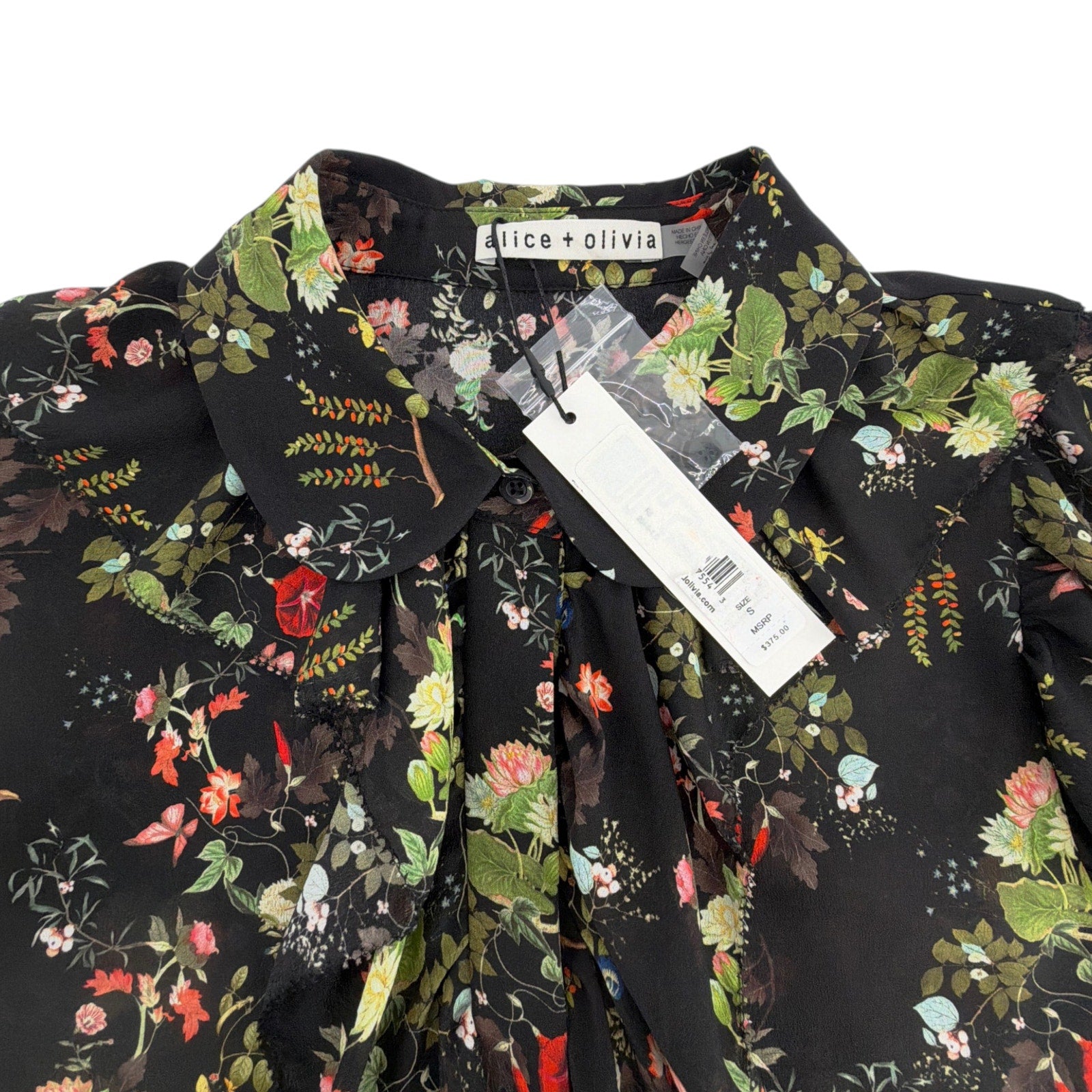 ALICE+OLIVIA Floral Ruffle Blouse in Blush Kiss Black S Alice + Olivia