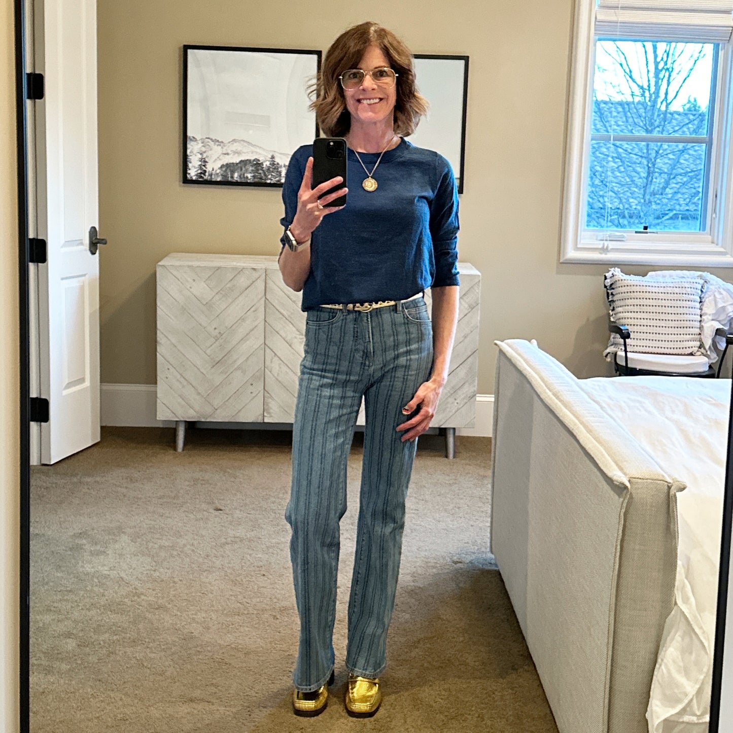 VERONICA BEARD Crosbie Striped Loafer Length Wide Leg Jean 24