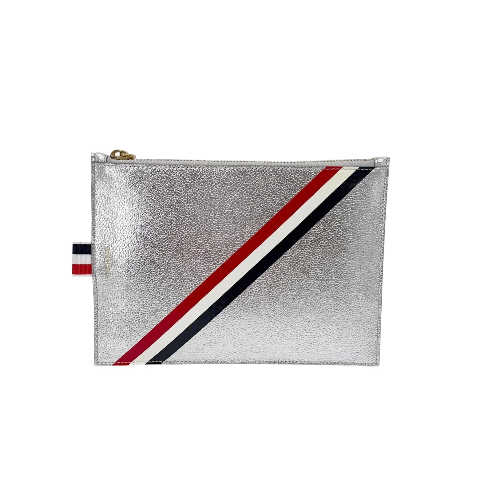 THOM BROWNE Diagonal Stripe Large Coin Wallet Clutch in Silver - flyKAMP