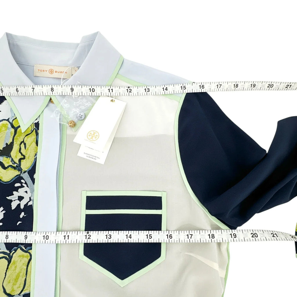 TORY BURCH Printed Contrast Silk Shirt in Navy Poppies Bloom 4 - flyKAMP