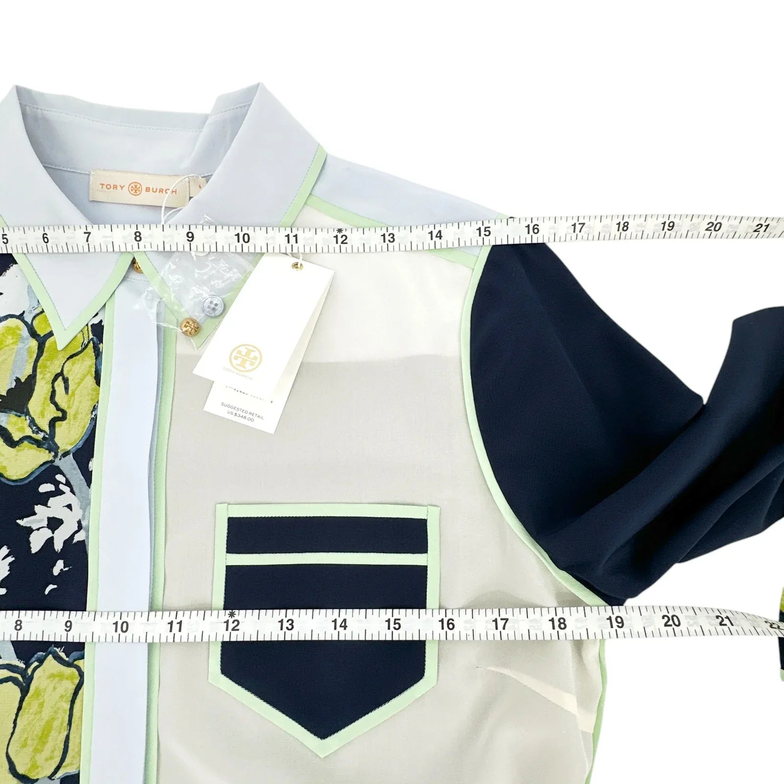 TORY BURCH Printed Contrast Silk Shirt in Navy Poppies Bloom 4 - flyKAMP