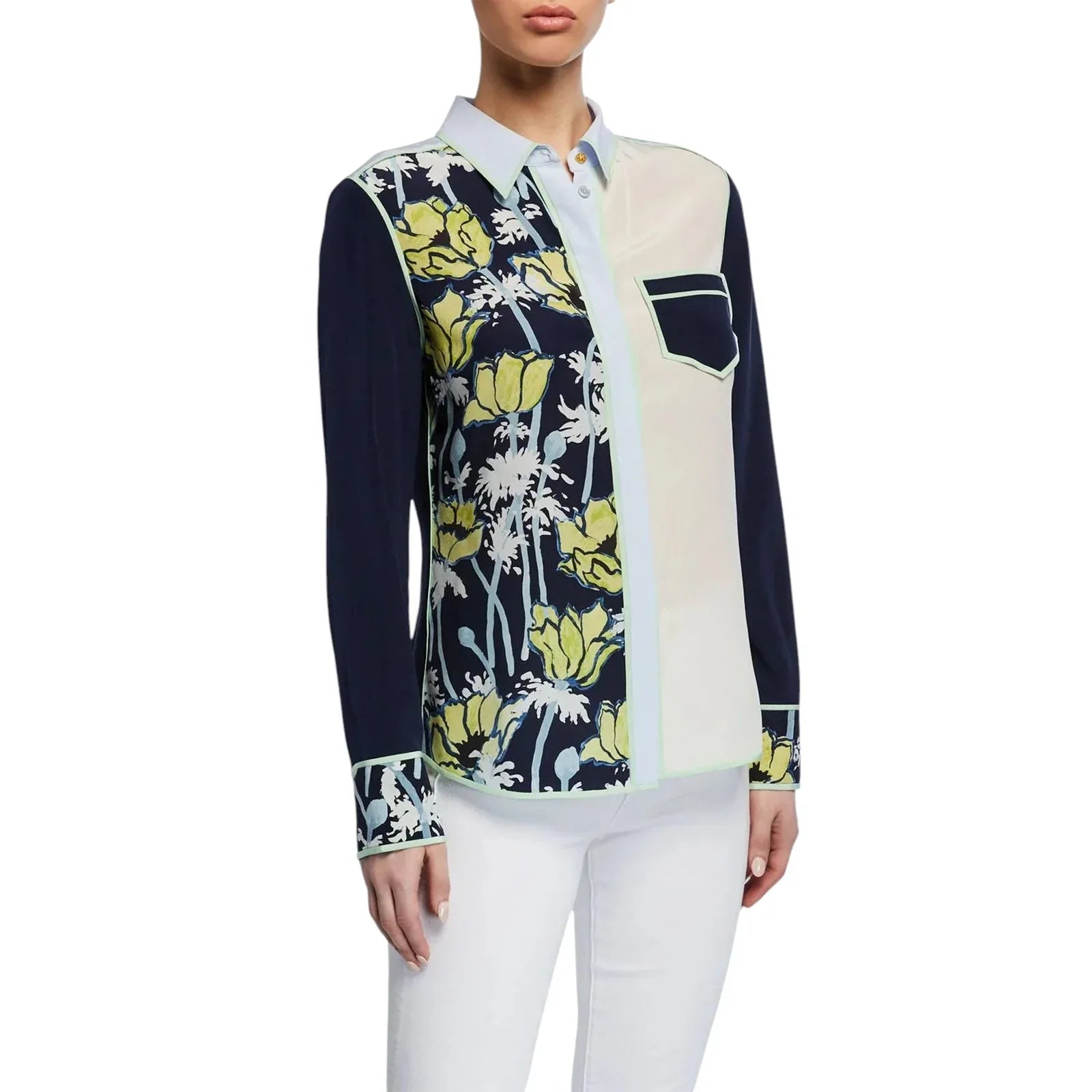 TORY BURCH Printed Contrast Silk Shirt in Navy Poppies Bloom 4 - flyKAMP