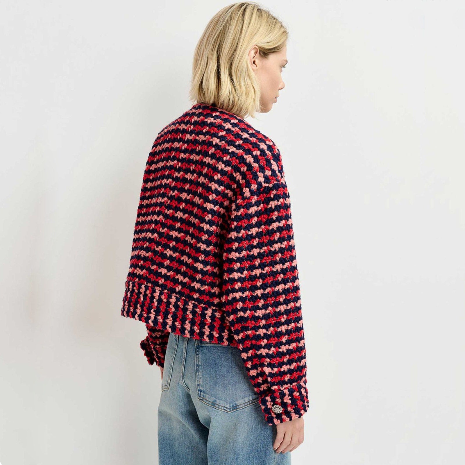 ESSENTIEL ANTWERP Wool Blend Tweed Jacket in Navy Peach & Red XS Essentiel Antwerp