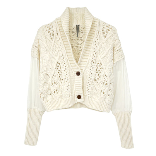 ANTHROPOLOGIE Balloon-Sleeve Twofer Cable-Knit Cardigan Sweater S