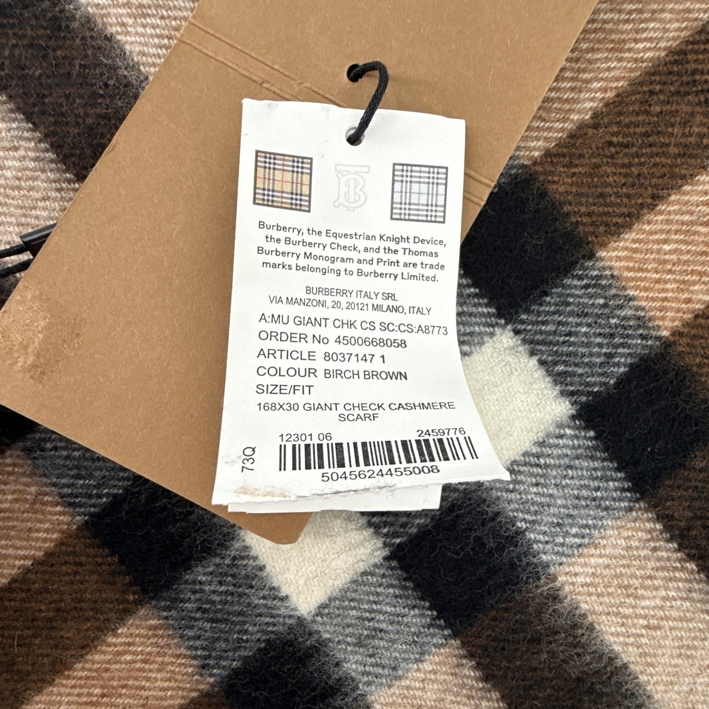BURBERRY Giant Check Cashmere Scarf in Birch Brown