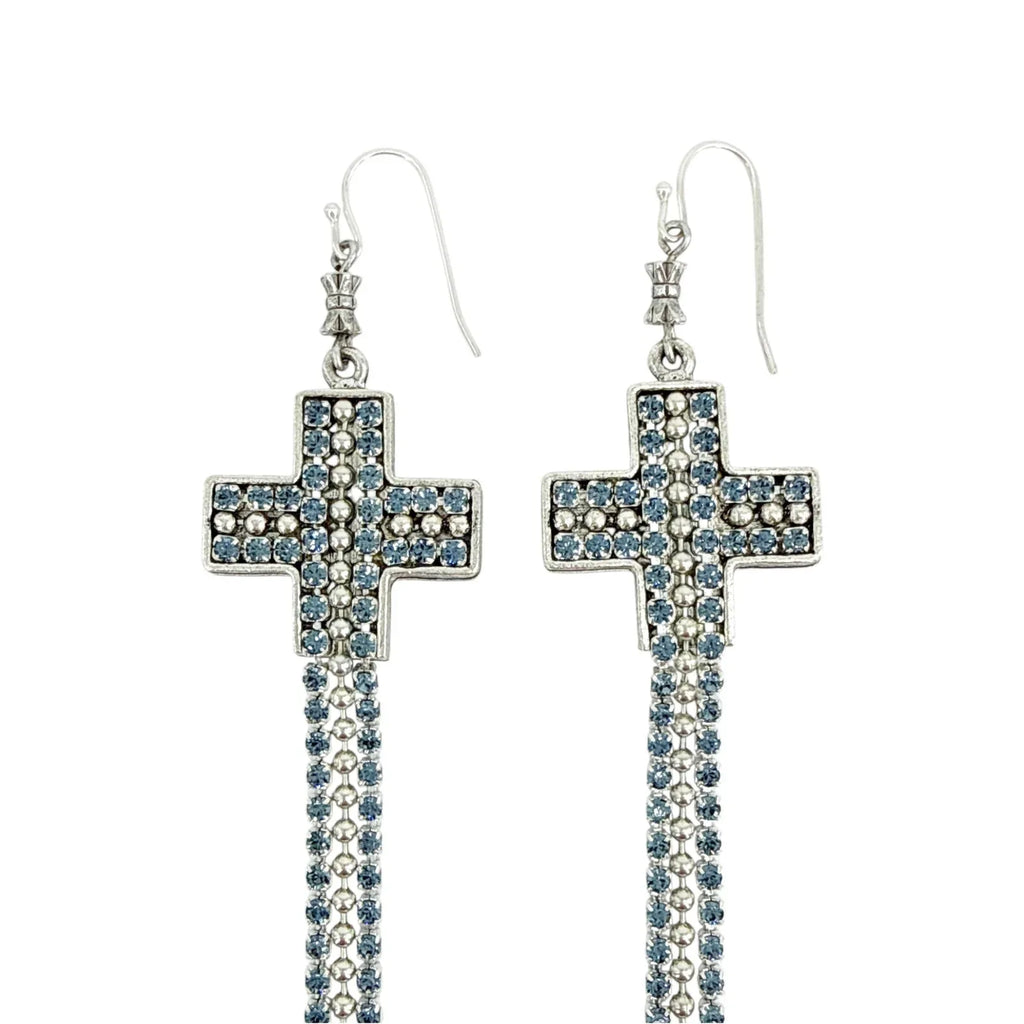 VIRGINS SAINTS & ANGELS VSA Resurrection Cross Chain Earrings in Silver & Blue - flyKAMP