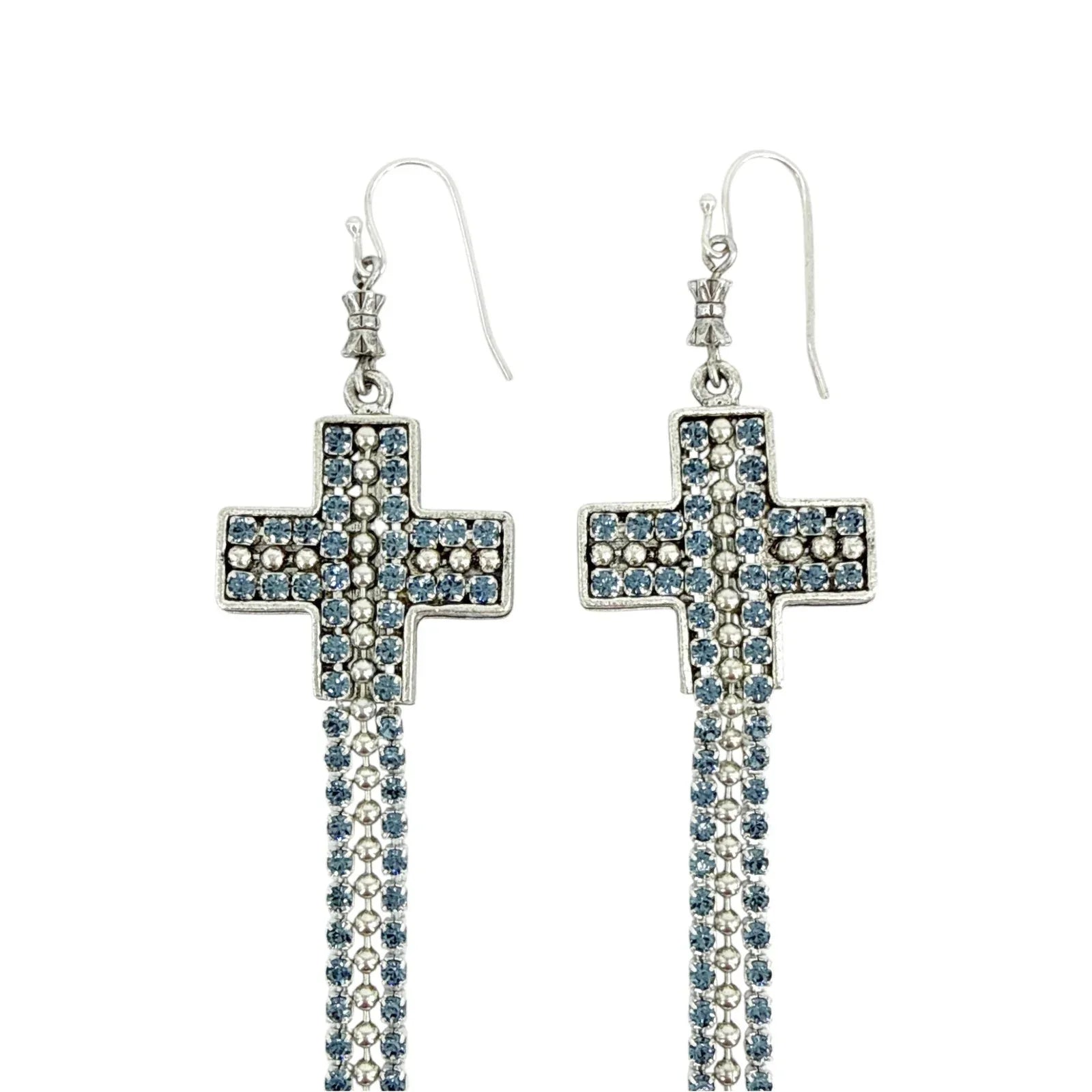 VIRGINS SAINTS & ANGELS VSA Resurrection Cross Chain Earrings in Silver & Blue - flyKAMP