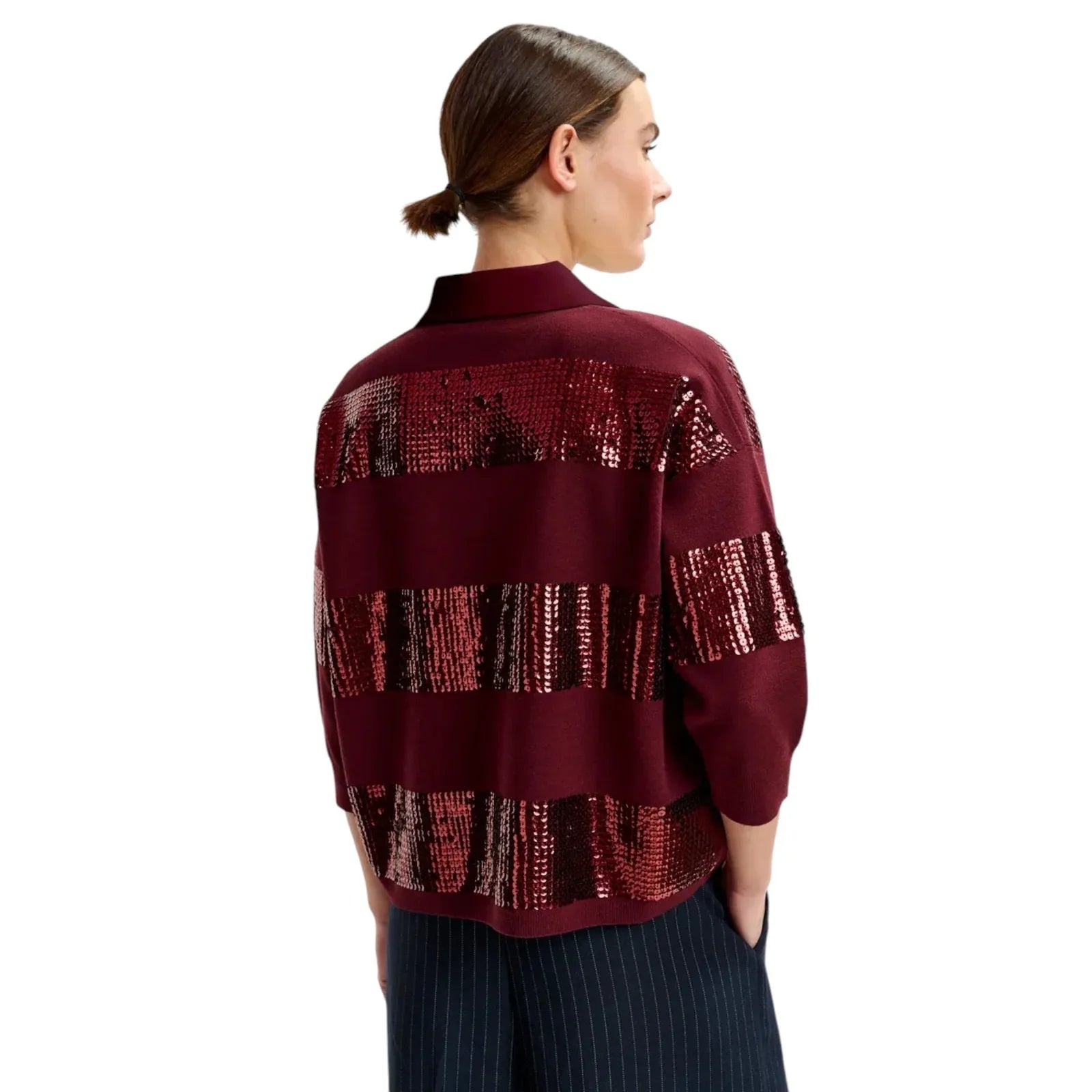 ESSENTIEL ANTWERP Illuminati Sequin Striped Polo Shirt in Wine S - flyKAMP
