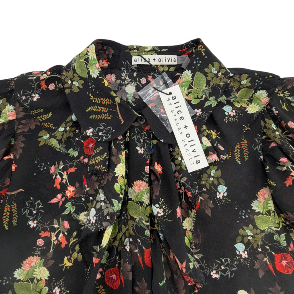 ALICE+OLIVIA Floral Ruffle Blouse in Blush Kiss Black S Alice + Olivia