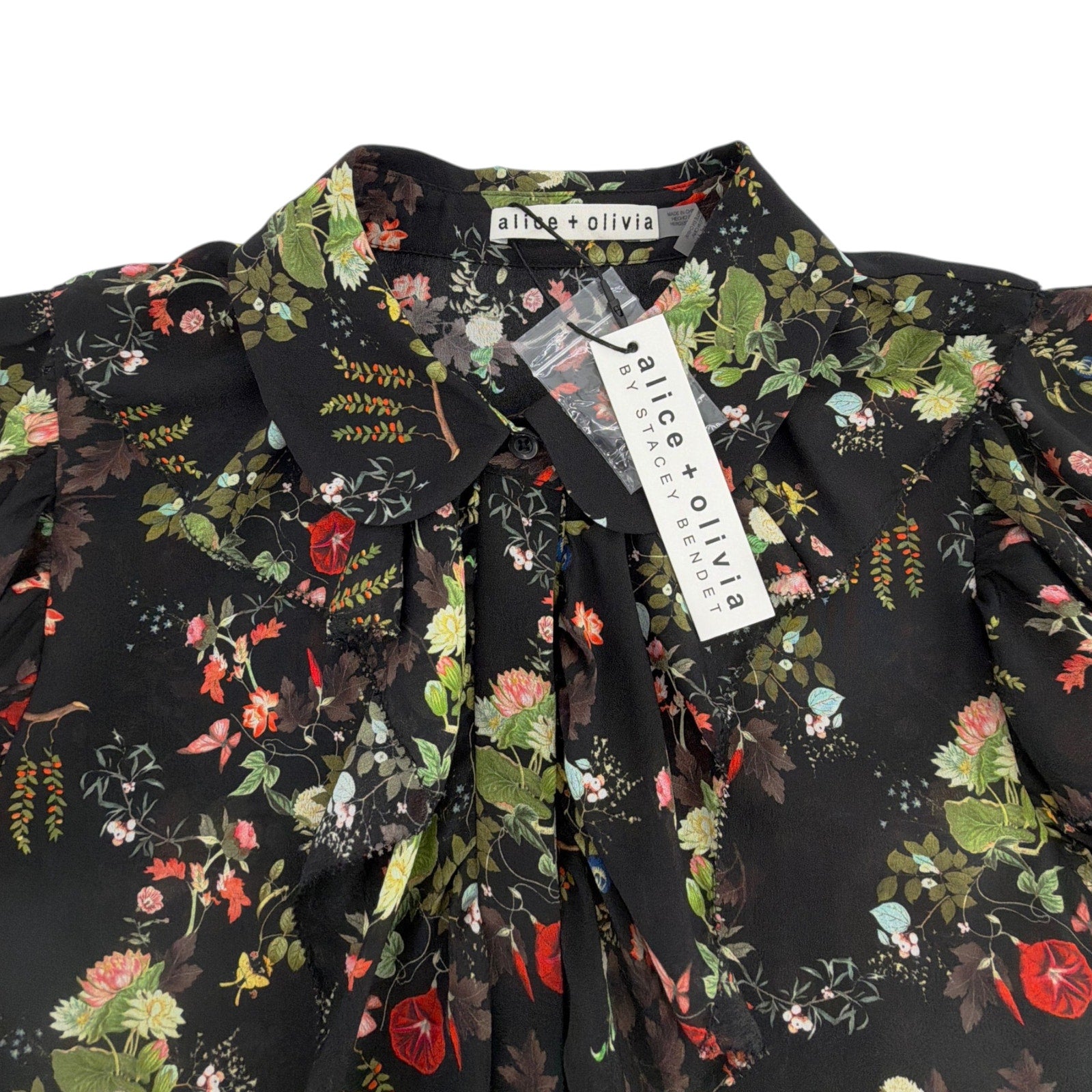 ALICE+OLIVIA Floral Ruffle Blouse in Blush Kiss Black S Alice + Olivia