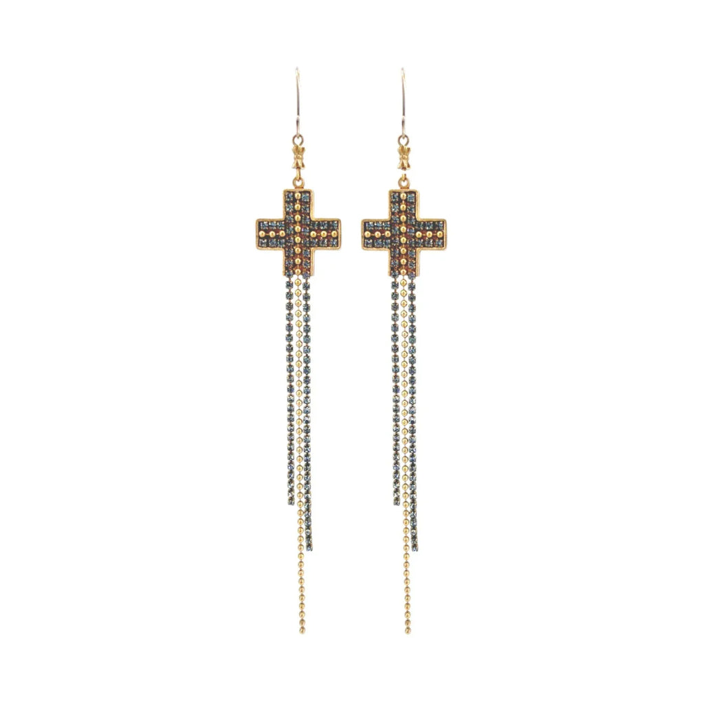VIRGINS SAINTS & ANGELS VSA Resurrection Cross Chain Earrings in Gold & Blue - flyKAMP