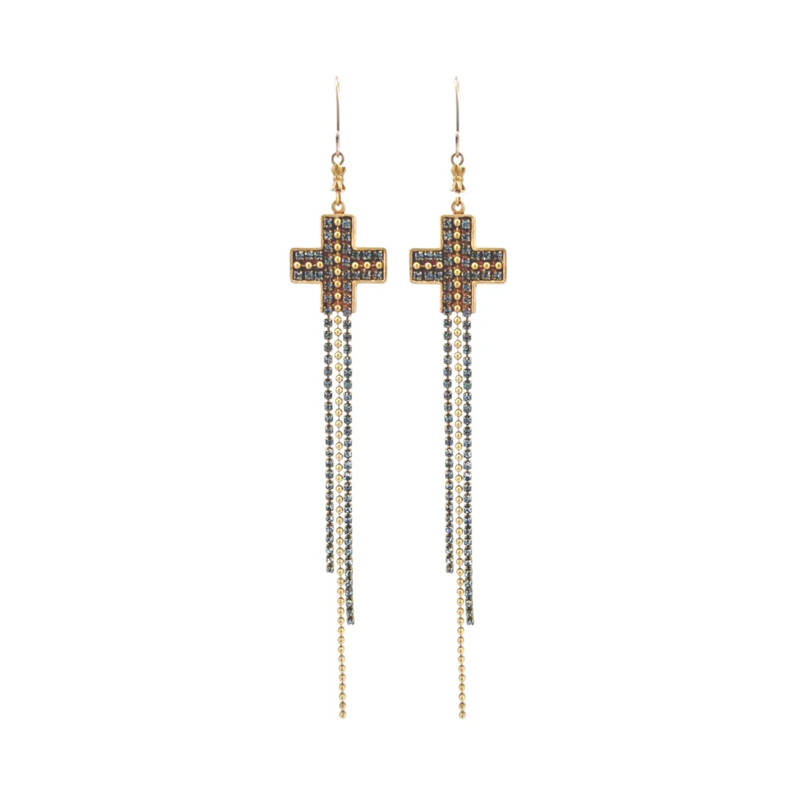 VIRGINS SAINTS & ANGELS VSA Resurrection Cross Chain Earrings in Gold & Blue - flyKAMP