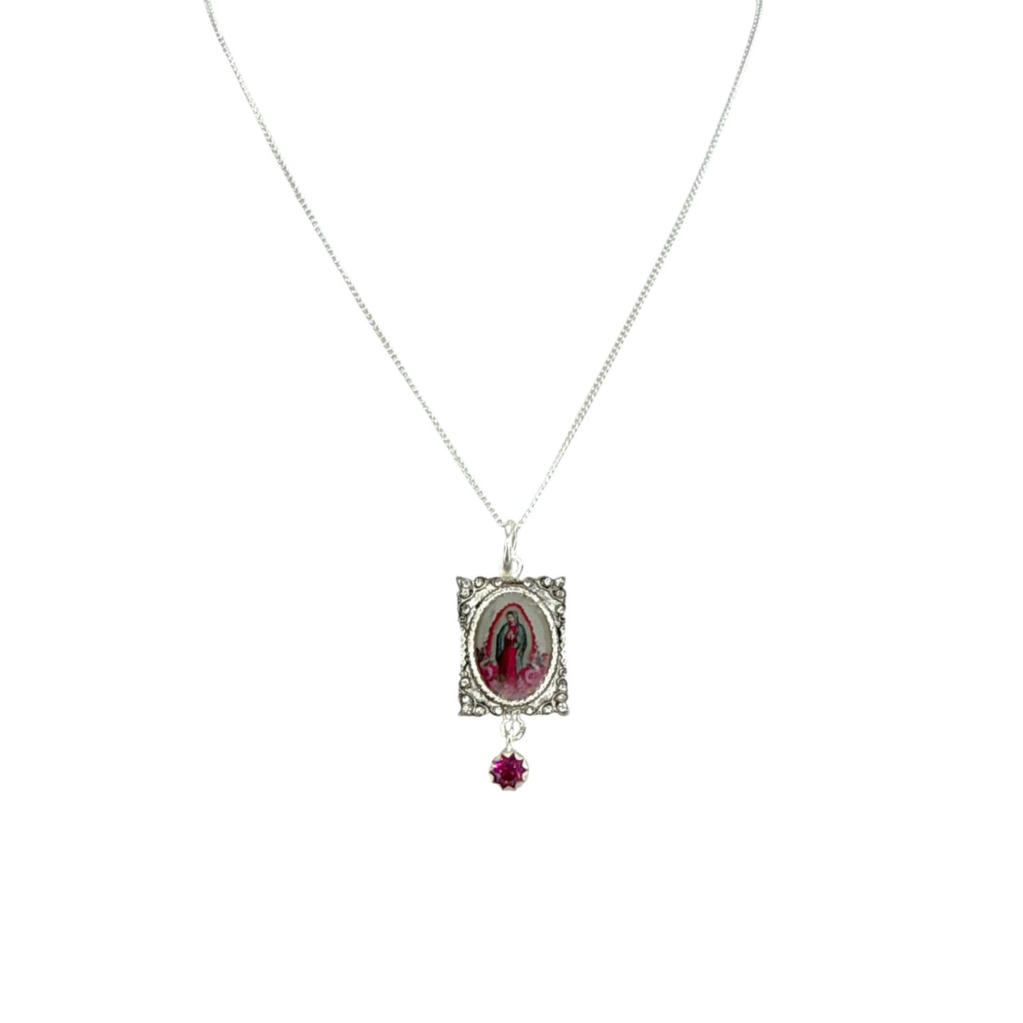 VIRGINS SAINTS & ANGELS VSA Retablo Pink Guadalupe Charm Necklace in Silver