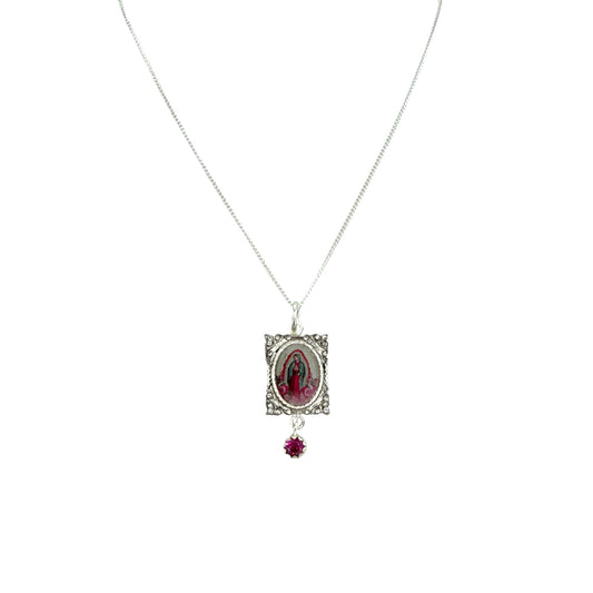 VIRGINS SAINTS & ANGELS VSA Retablo Pink Guadalupe Charm Necklace in Silver