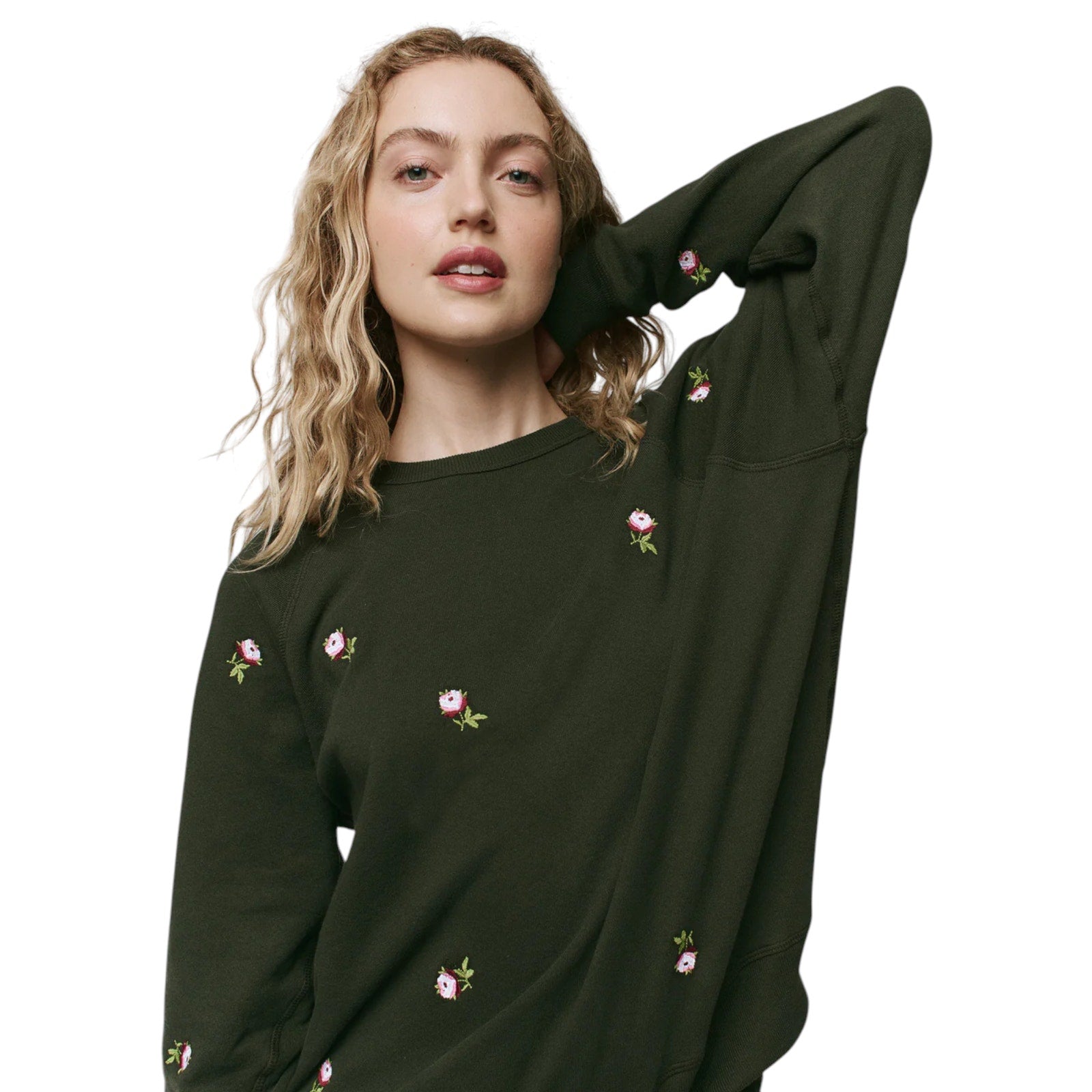 THE GREAT. The College Sweatshirt. Woodland Green With Embroidered Roses 0|XS The Great.