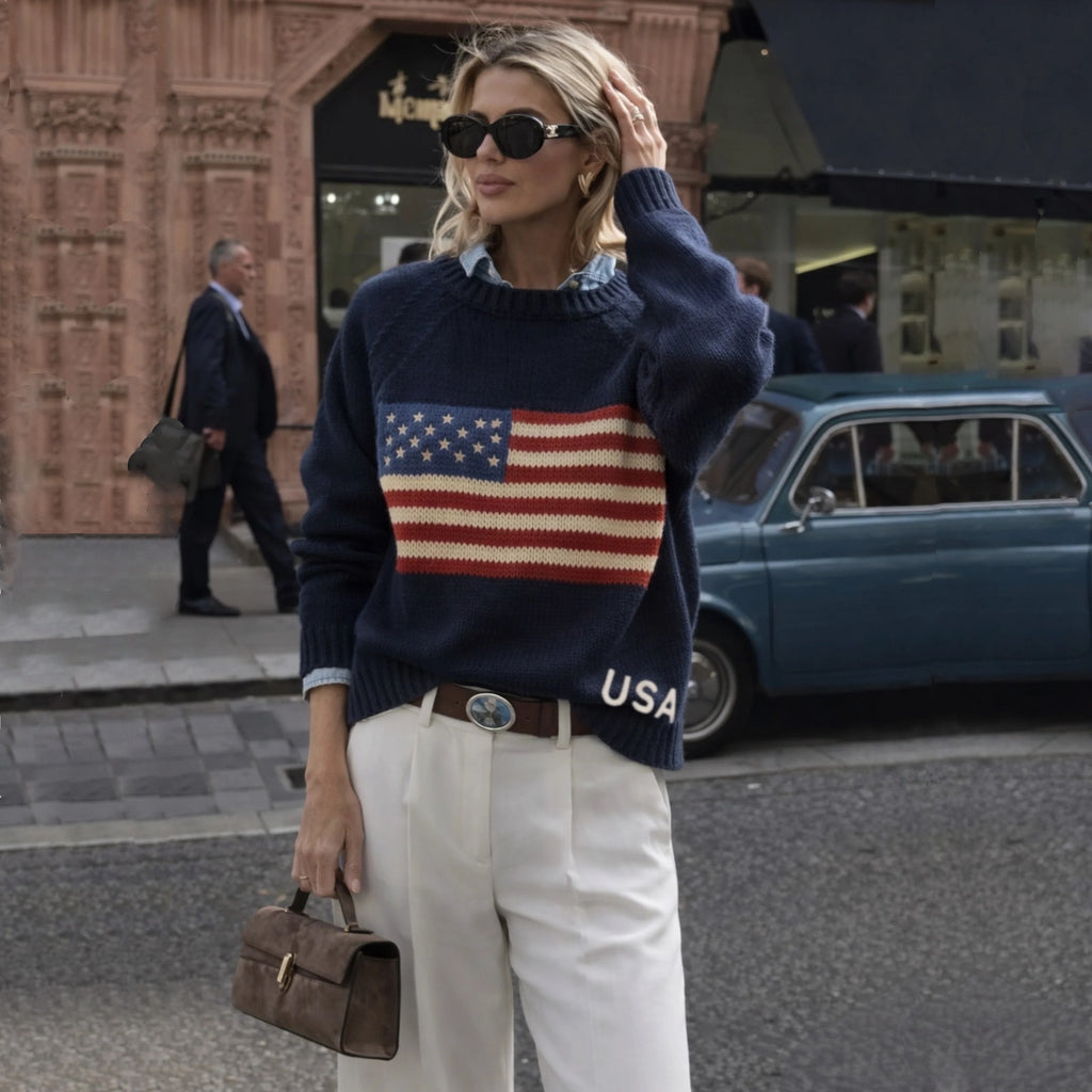 PINK PINEAPPLE Crop Vintage Acrylic Flag Sweater in Navy XS/S Pink Pineapple