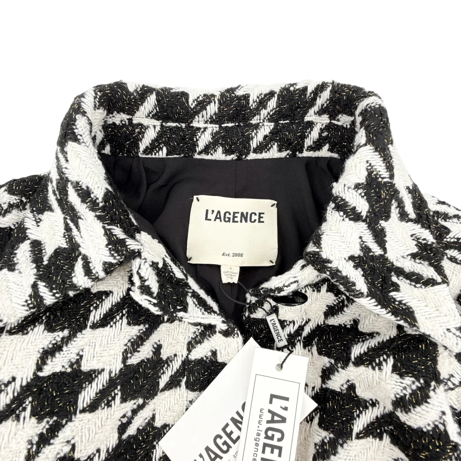 L'AGENCE Bridges Crop Jacket in Ecru Black & Gold Houndstooth 4|S - flyKAMP