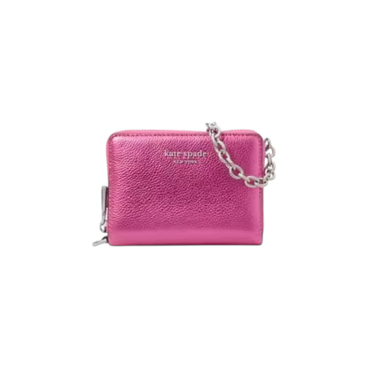KATE SPADE Natasha Metallic Pebbled Leather Chain Compact Wristlet in Bikini Pink