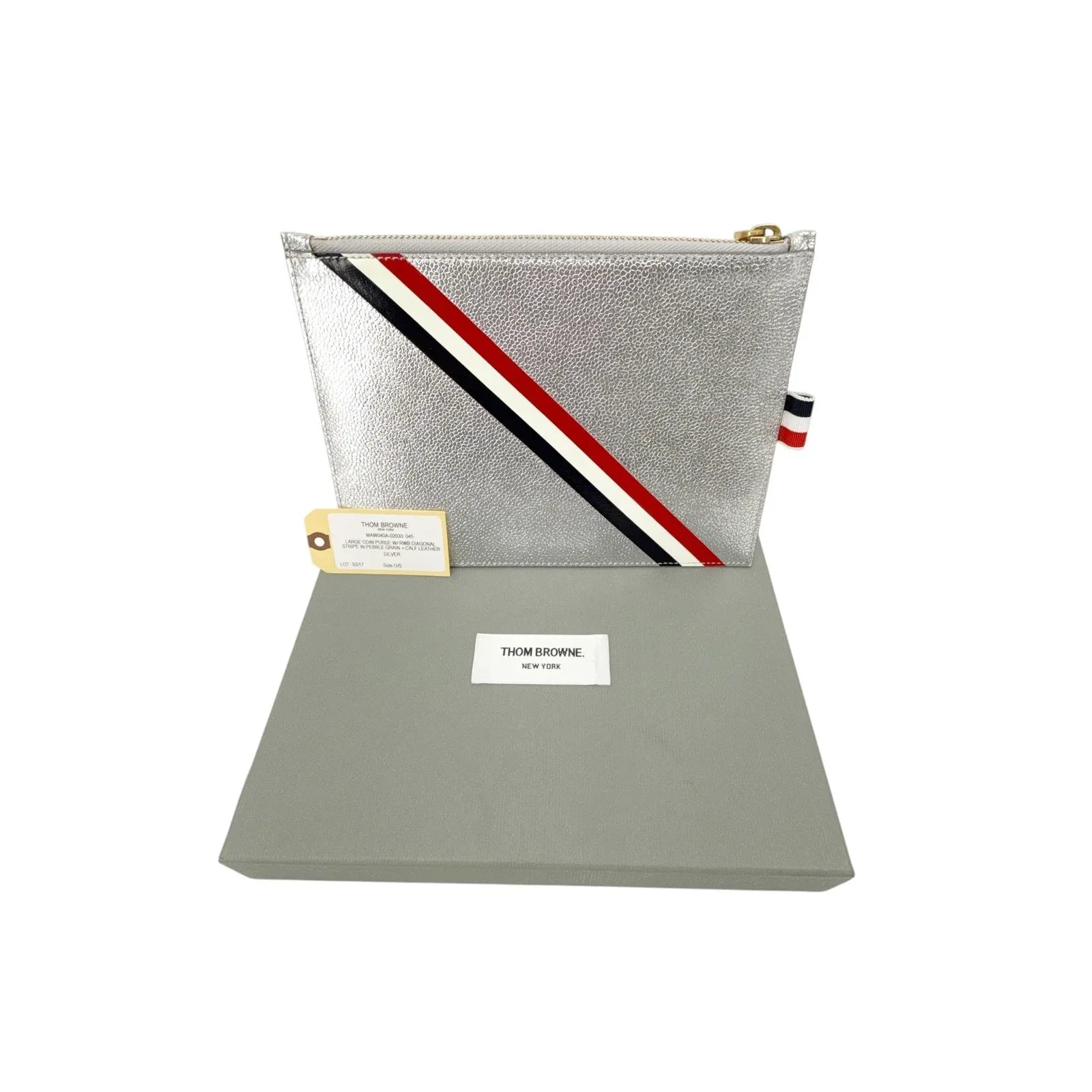 THOM BROWNE Diagonal Stripe Large Coin Wallet Clutch in Silver - flyKAMP