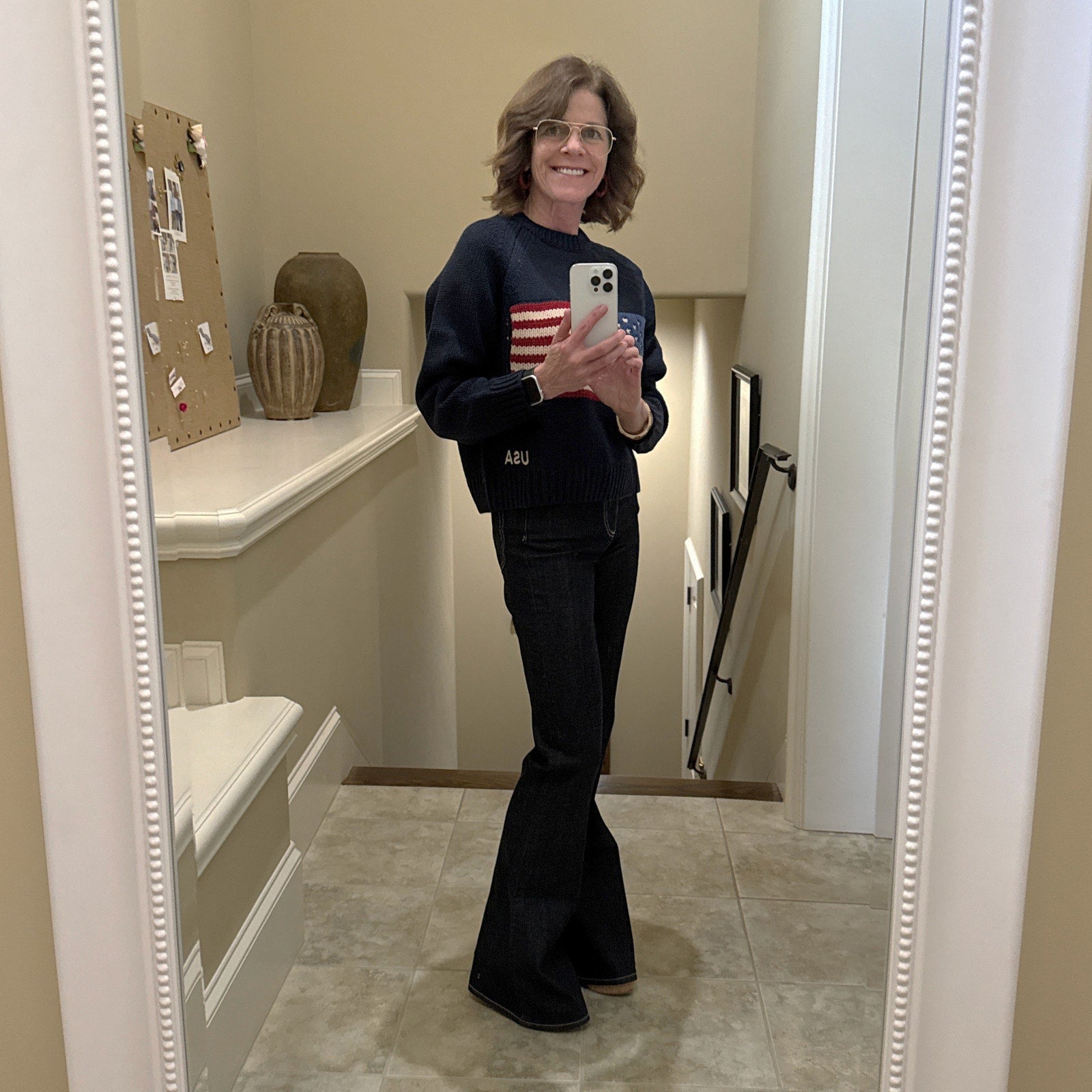 PINK PINEAPPLE Crop Vintage Acrylic Flag Sweater in Navy XS/S Pink Pineapple