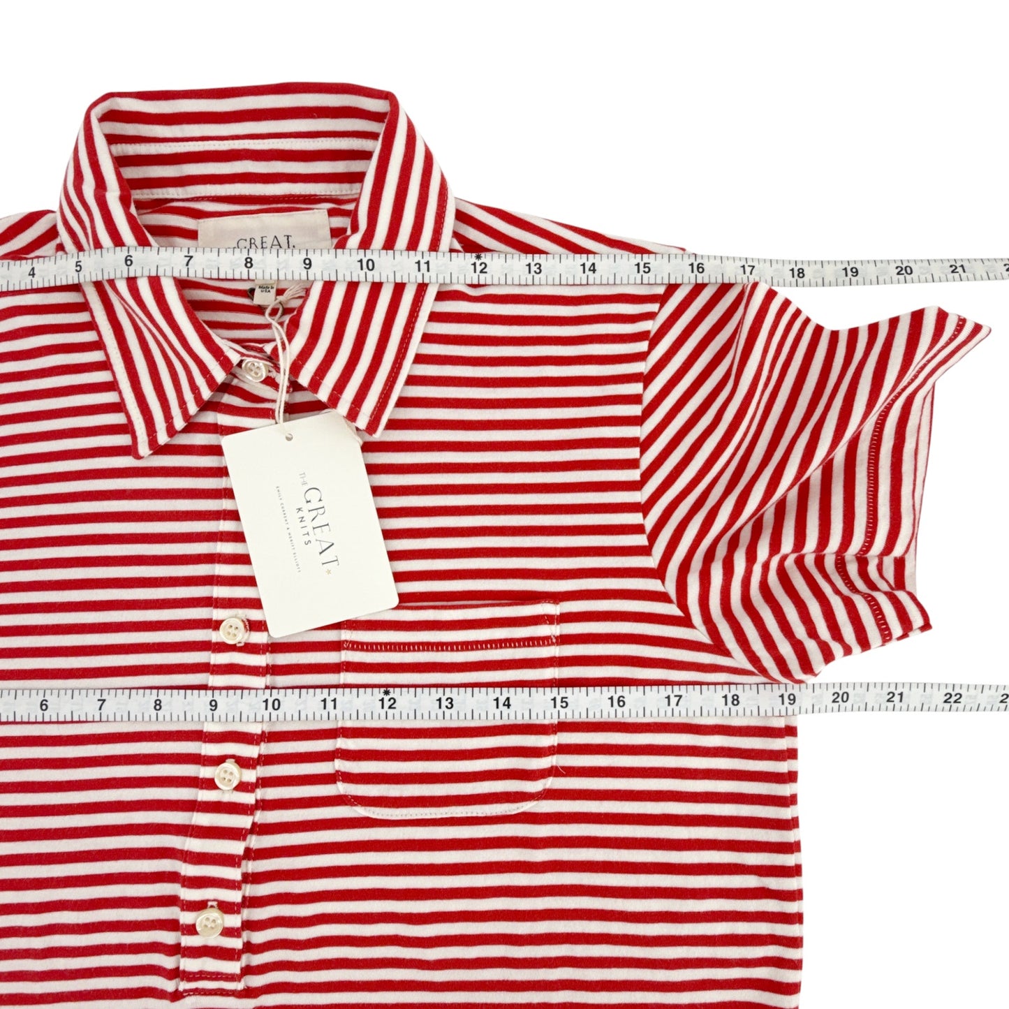 THE GREAT. The Lacrosse Polo. In Sun Cherry Stripe 0|XS