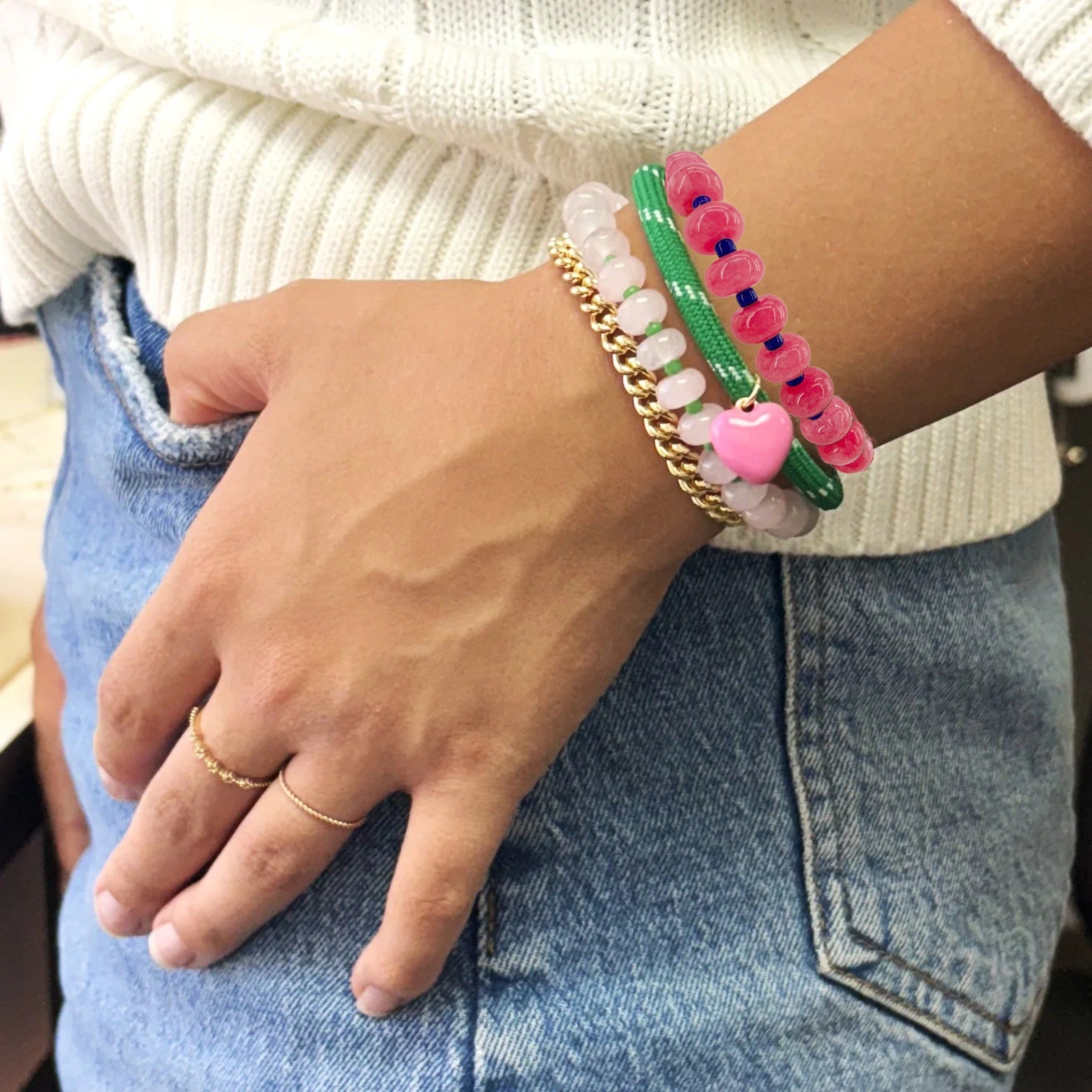 THE SILVER WREN Candy Stone Beaded Bracelet in Dark Pink