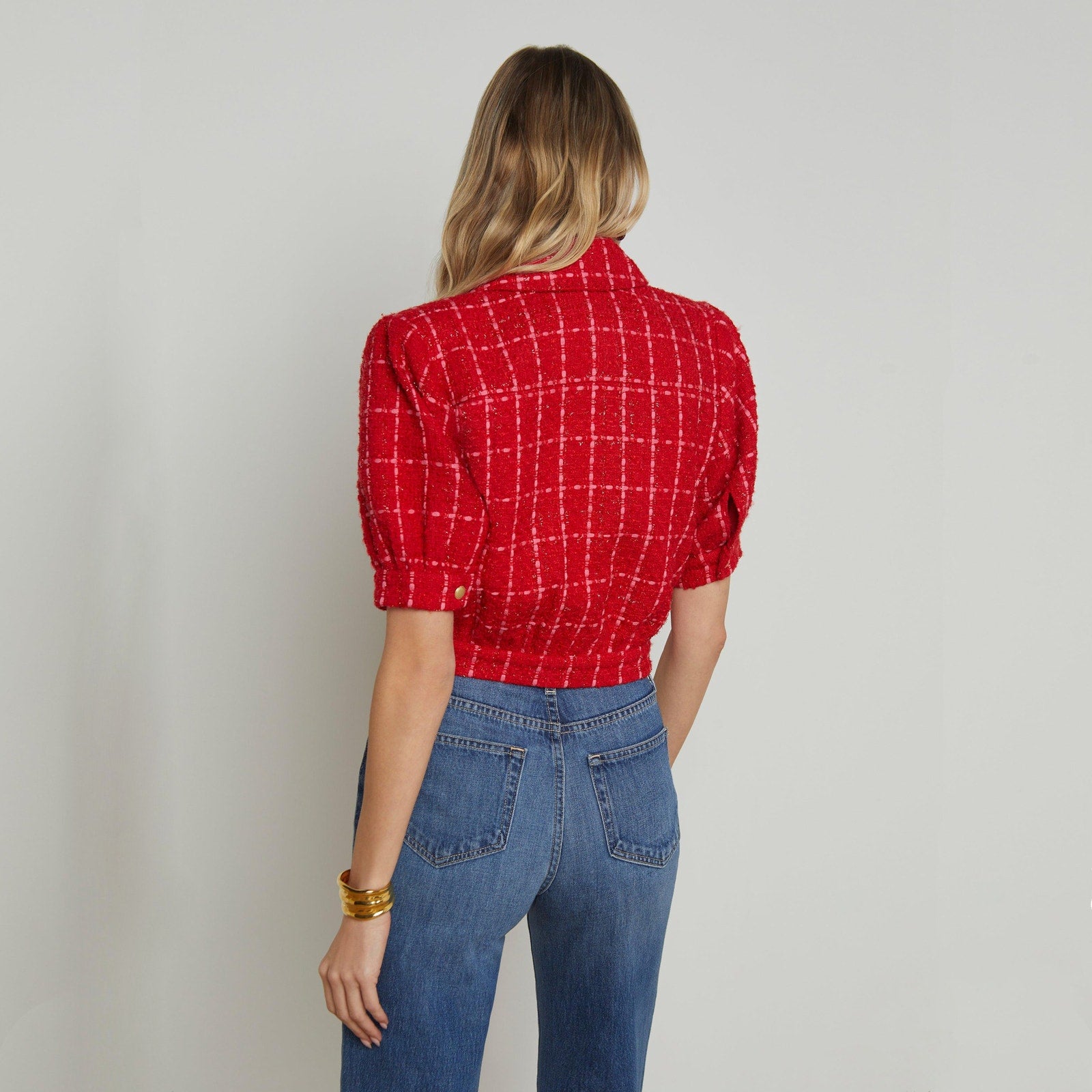 L'AGENCE Cove Cropped Tweed Jacket in Red & Hot Pink Plaid 10|L L'Agence