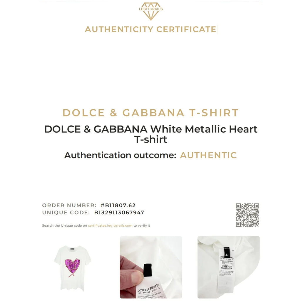 DOLCE & GABBANA White Metallic Heart T-shirt IT42 - flyKAMP